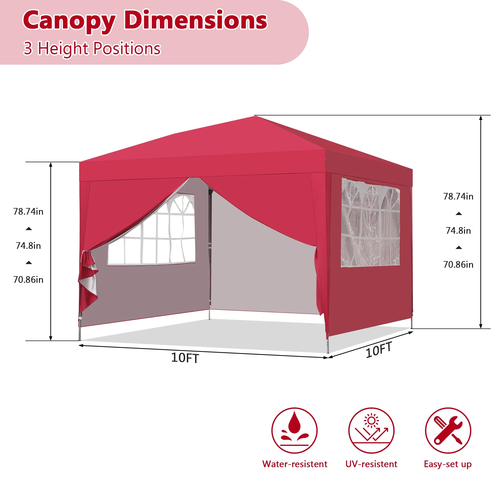 Outdoor Basic 10' x 10' Pop up Canopy Tent with 4 Side Panels Outside Canopy, One Push Tent Canopy with Wheeled Carry Bag, Extra 8 Stakes and 4 Ropes, Red
