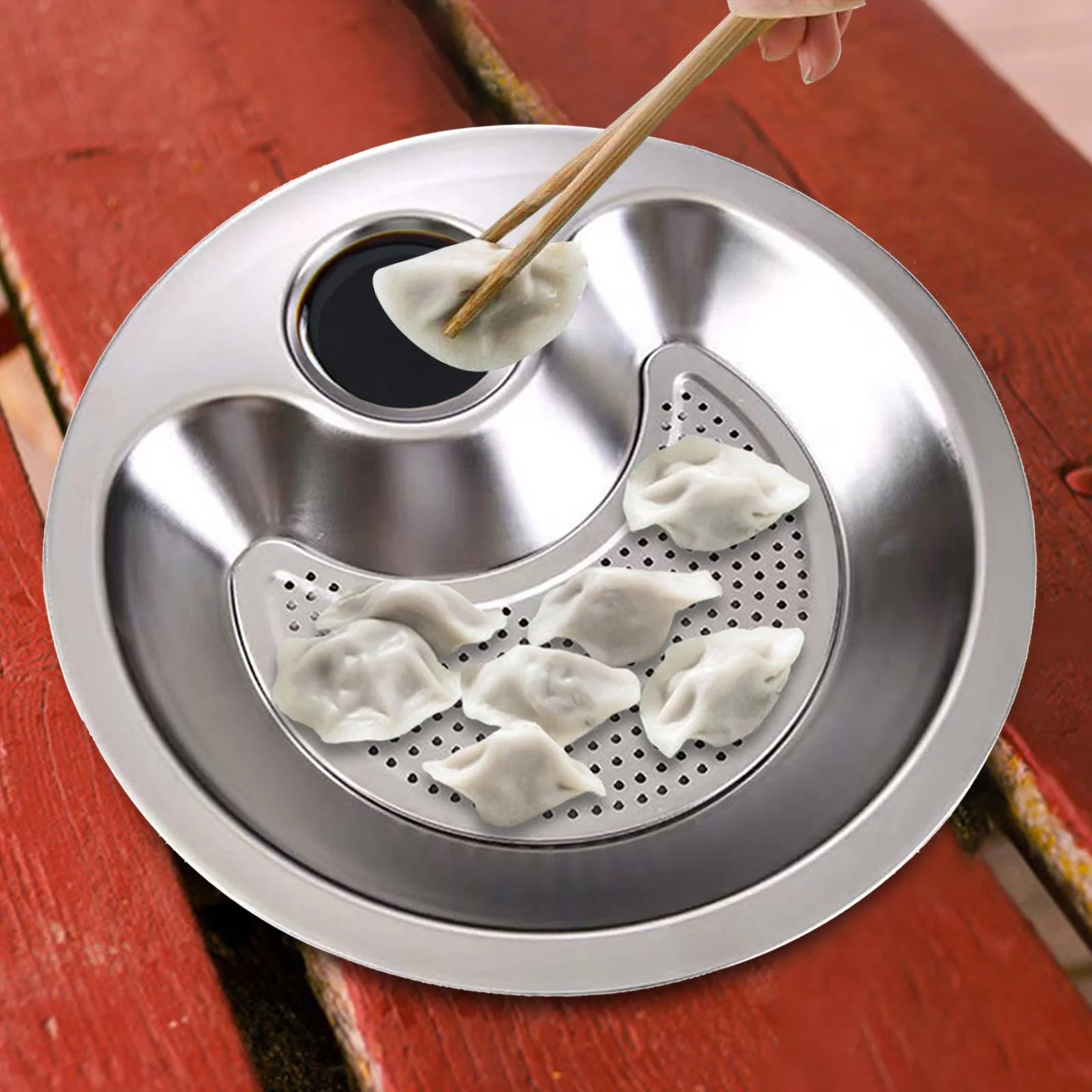 Stainless Steel Dumpling Plate with Dipping Saucer Platter Dinner Tray Japanese 28cm
