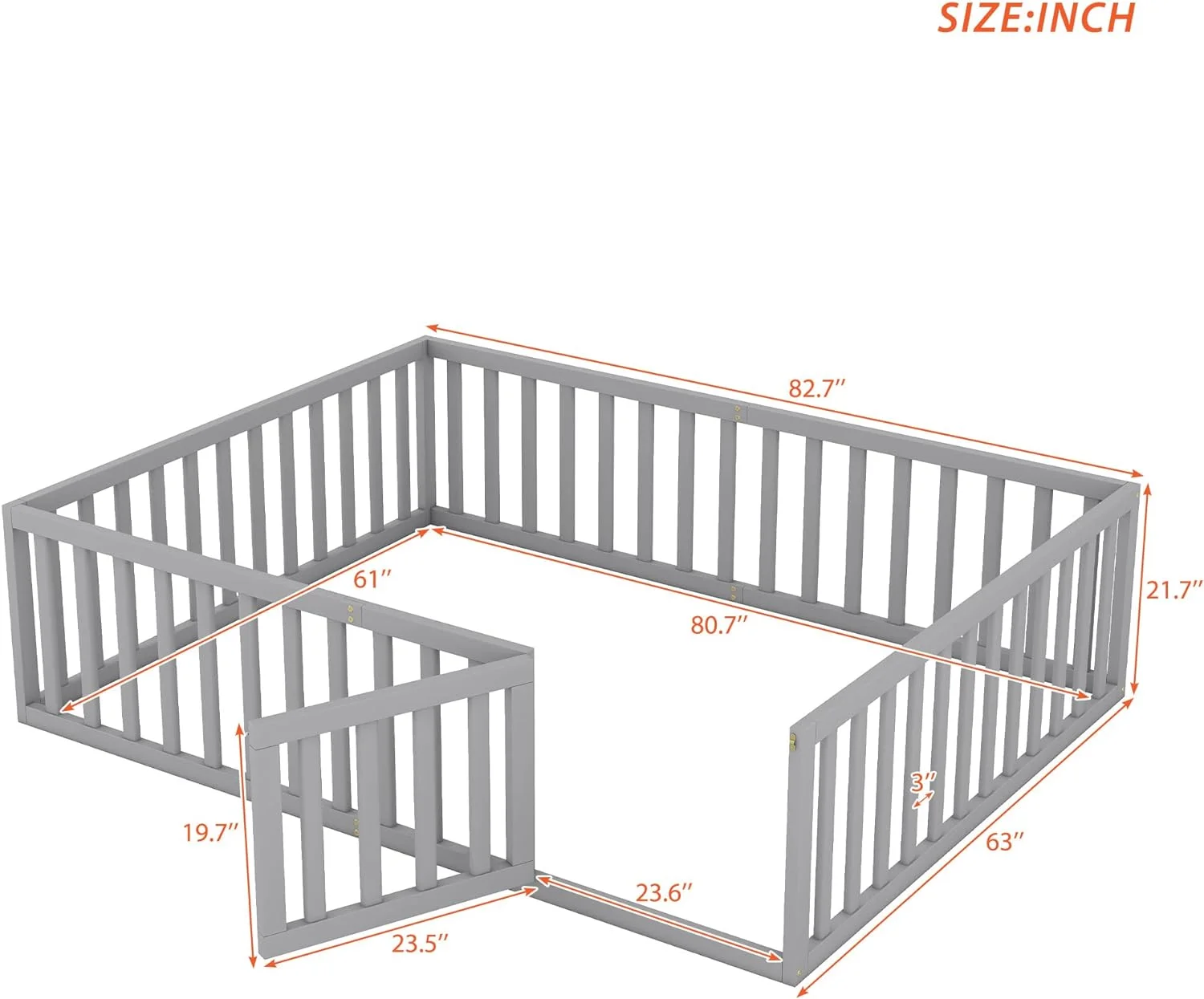 Queen Floor Bed With Fence For Kids, Montessori Floor Bed, Wood Platform Bed Frame Cabin Bed For Girls Boys, Gray