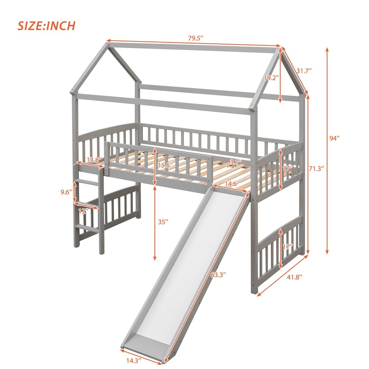 MERAX  Twin House Bed Loft Bed with Slide Grey