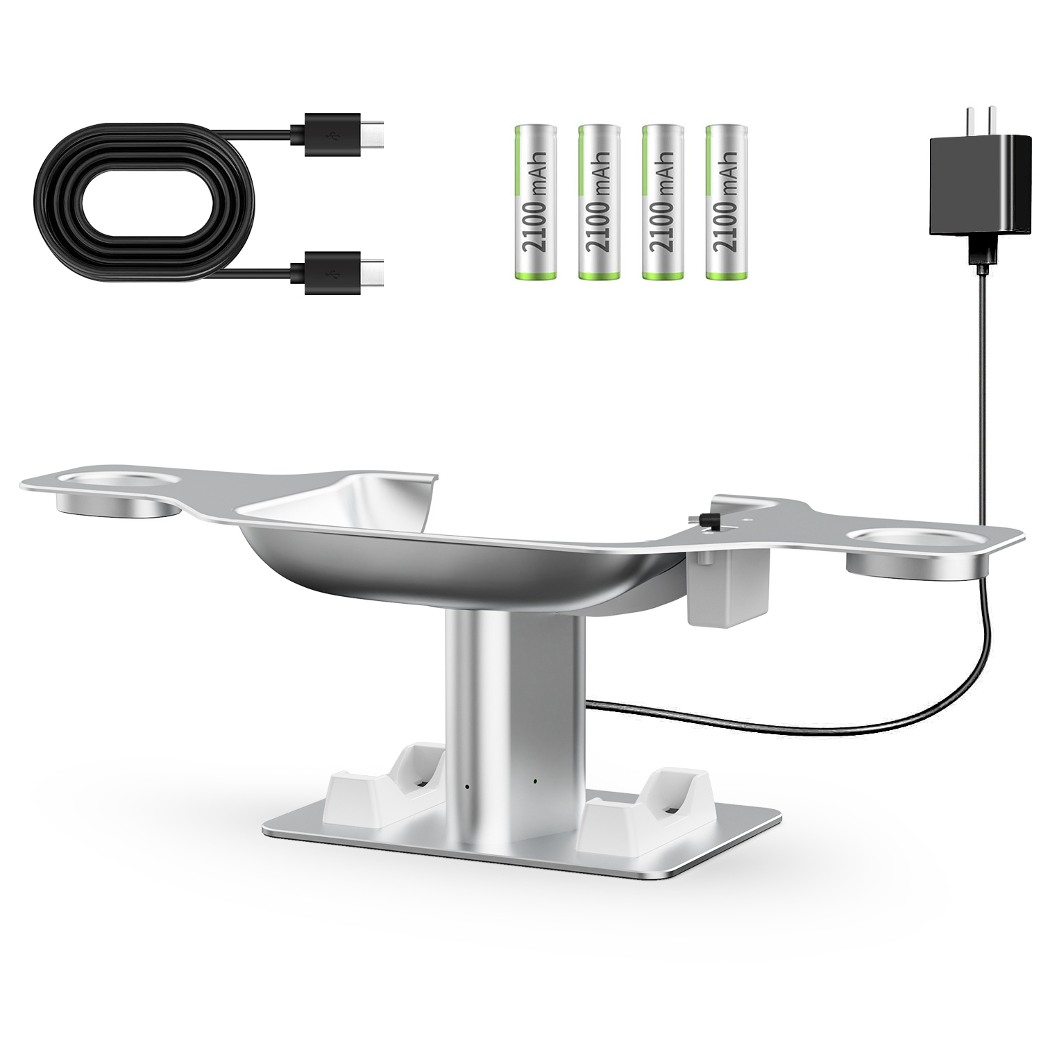 TINANA VR Headset Fast Charging Station Dock Stand for Oculus Quest 2 Meta Quest 2 with 4 Rechargeable Batteries and USB C Charger-Silver