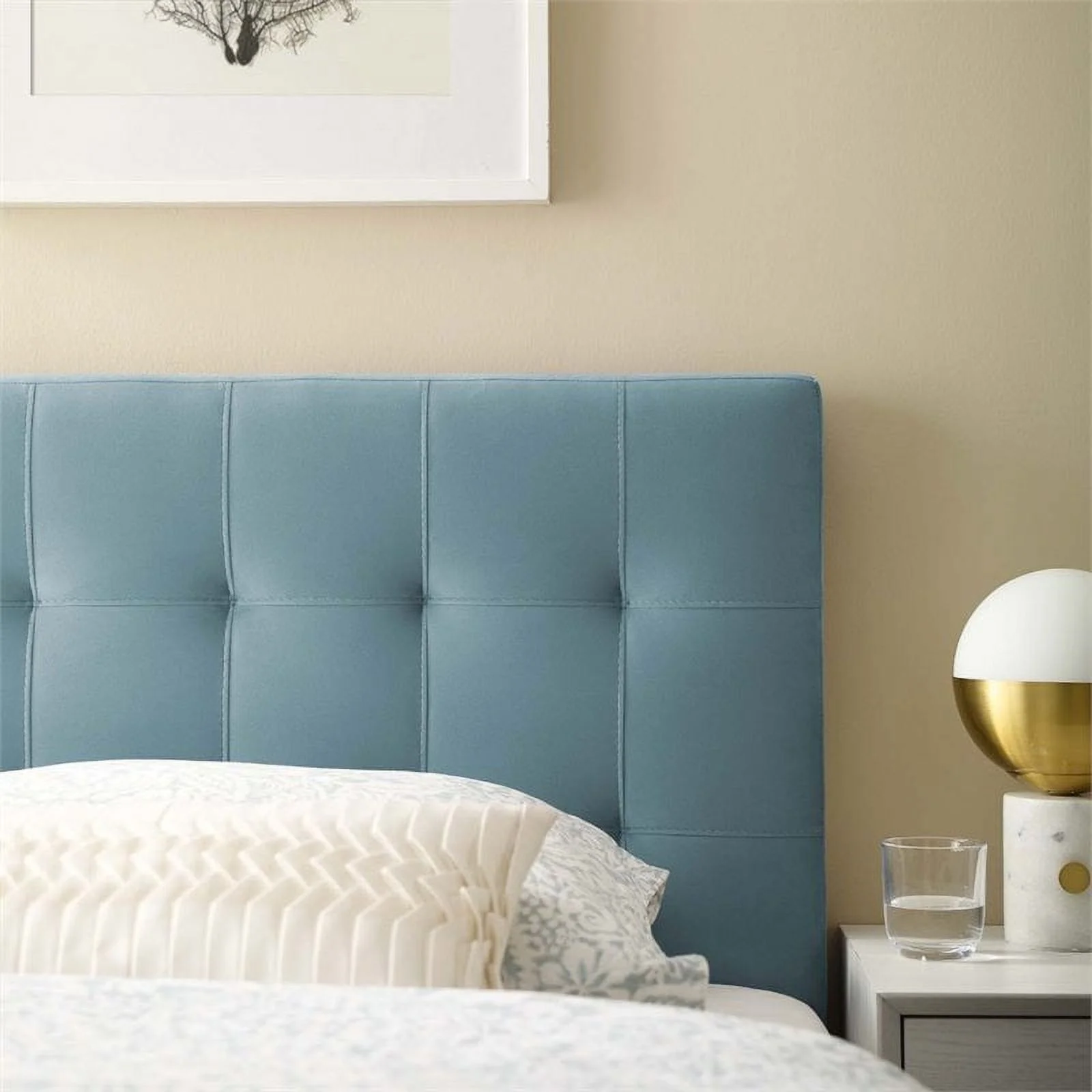Pemberly Row Modern Fabric Biscuit Tufted Velvet Twin Headboard in Light Blue