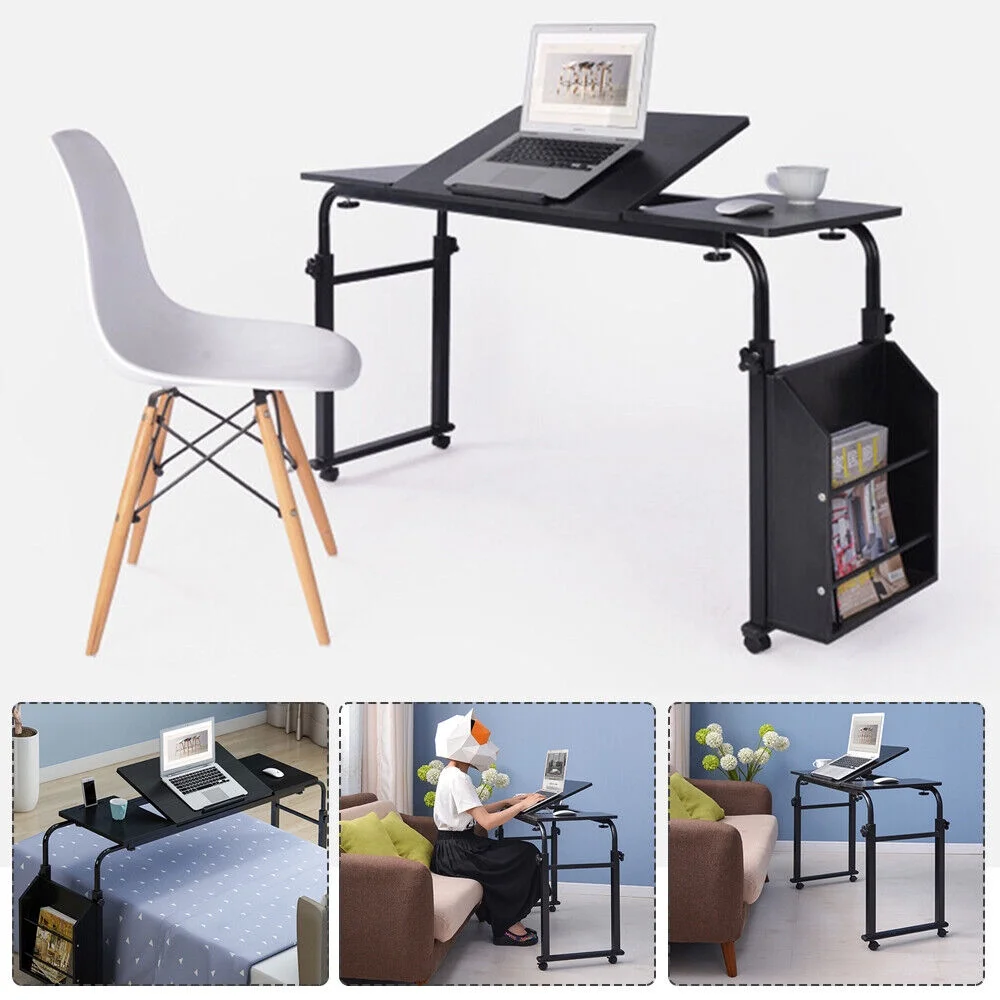 Mobile Laptop Rolling Laptop Computer Desk over Bed Table Stand Cart Adjustable Height Black
