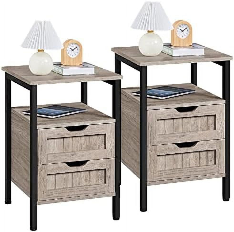 xrboomlife 2PCS Nightstands  Wood Bedside Table with 2 Drawers & Open   Set of 2 Bedside  Cabinet Sofa  End Table with Steel Frame for Bedroom/Small Space  Gray