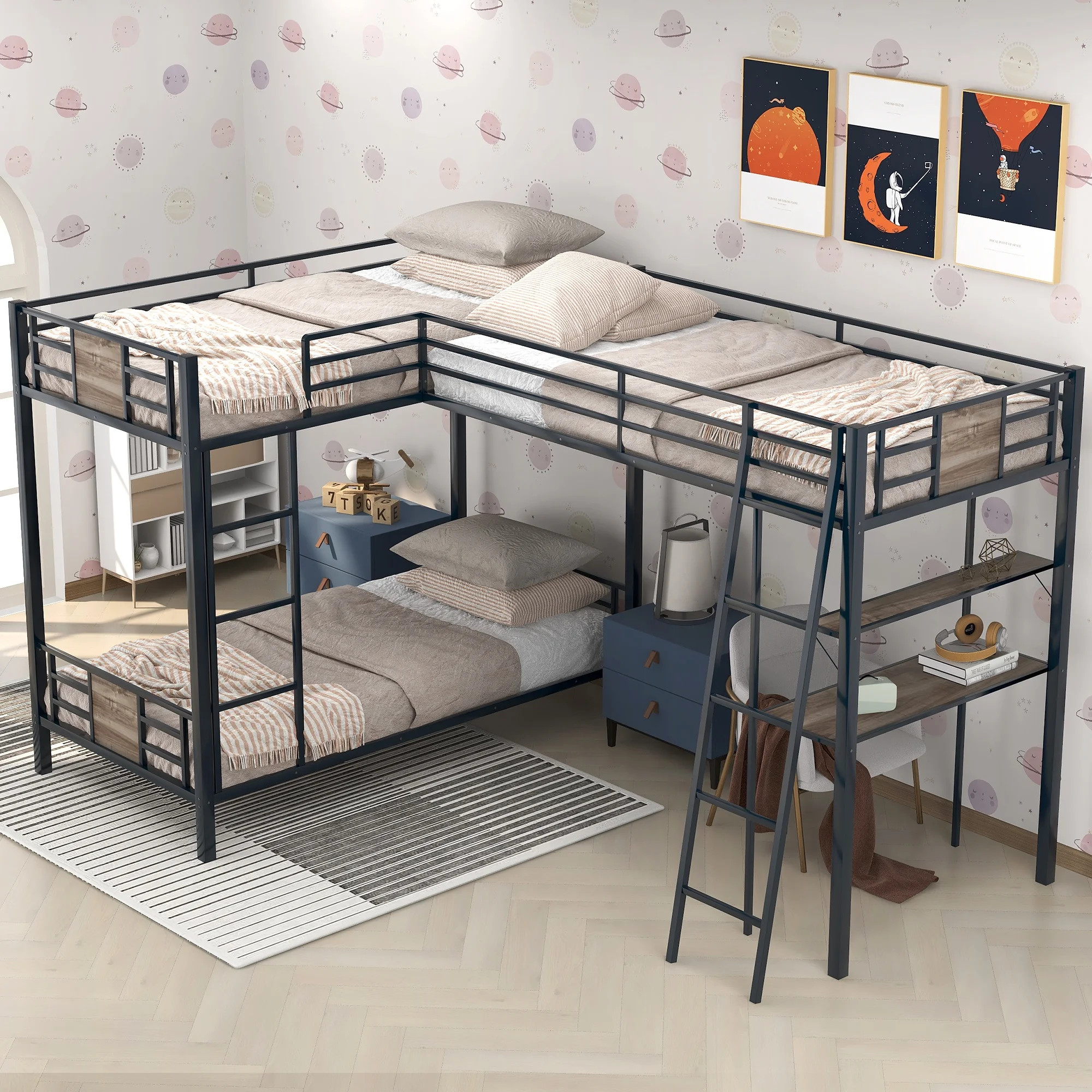 Twin over Twin Metal MDF L-Shaped Bunk Bed with a Loft Attached, Triple Bedframe with Desk, Shelf, Guardrails, and Ladders