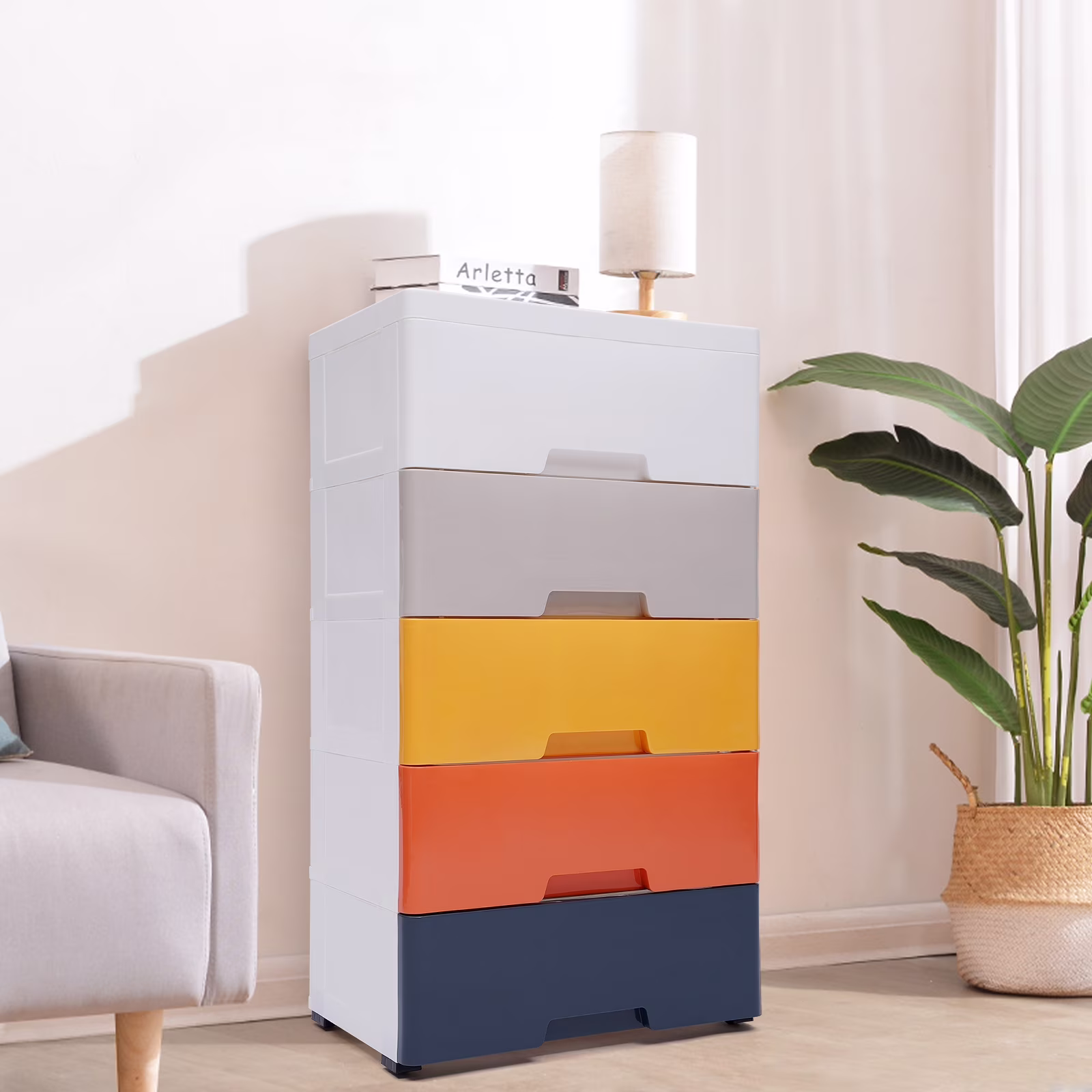 Aiqidi 5 Plastic Drawers Dresser, 18x12x33 Inch Colorful Vertical Clothes Storage Chest Bedroom Tower Closet Organizer Cabinet w/Wheels