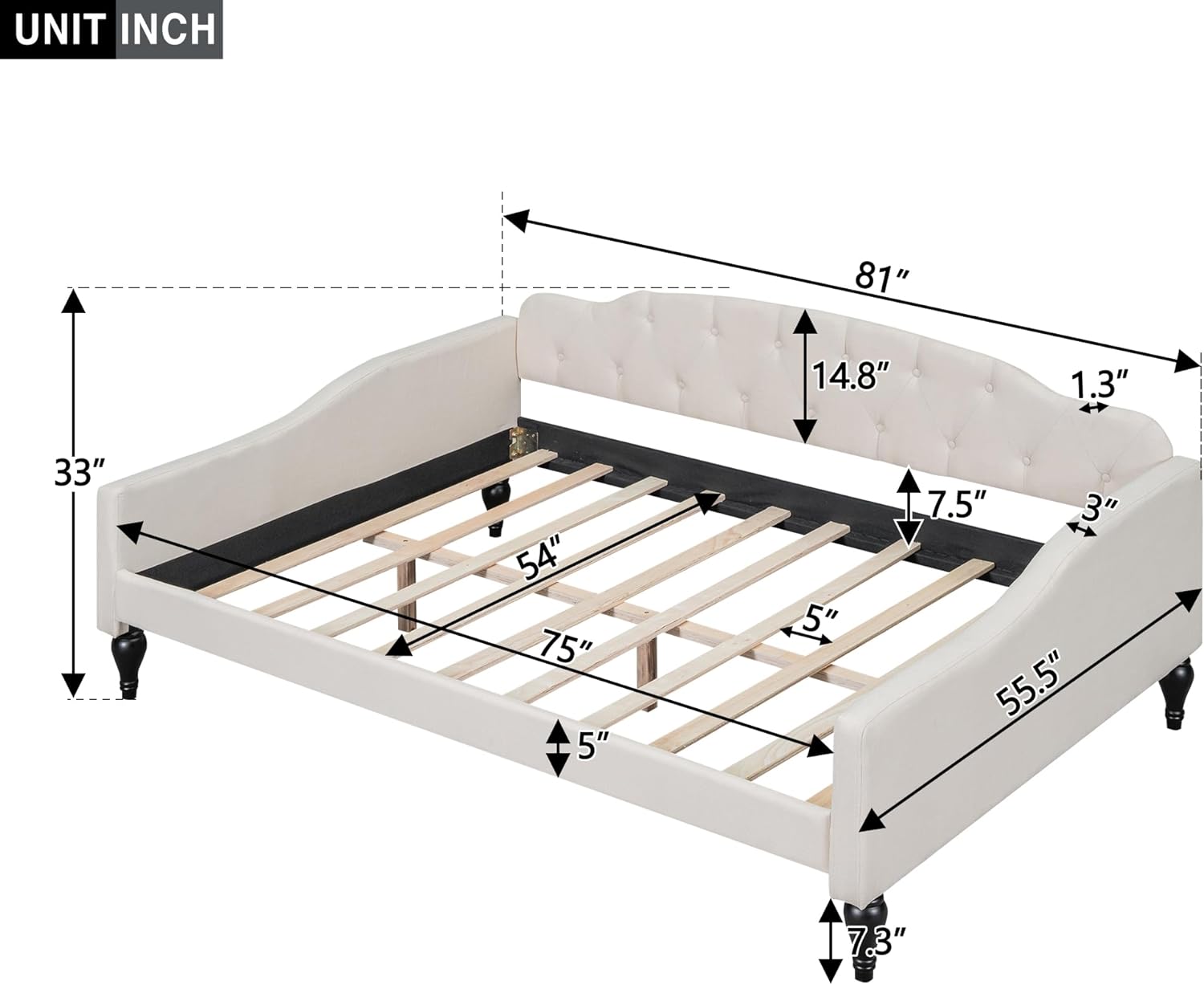 Upholstered Full Size Daybed Frame With Wigback Desig,Moder Lie Butto Tufted Daybed,Woode Full Sofa Daybed Frame For Livig Room,Bedroom,o Box Sprig eeded,Beige HZG-GX001325AAA
