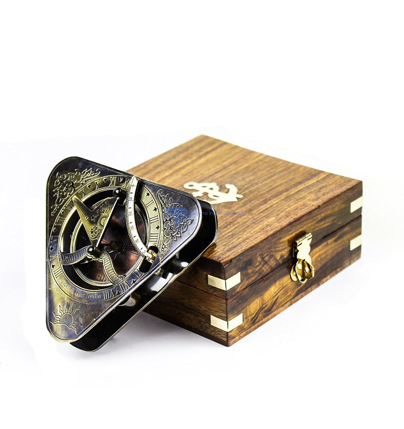 Triangular Sundial Compass (Antique Brass Finish) - With Wooden Box