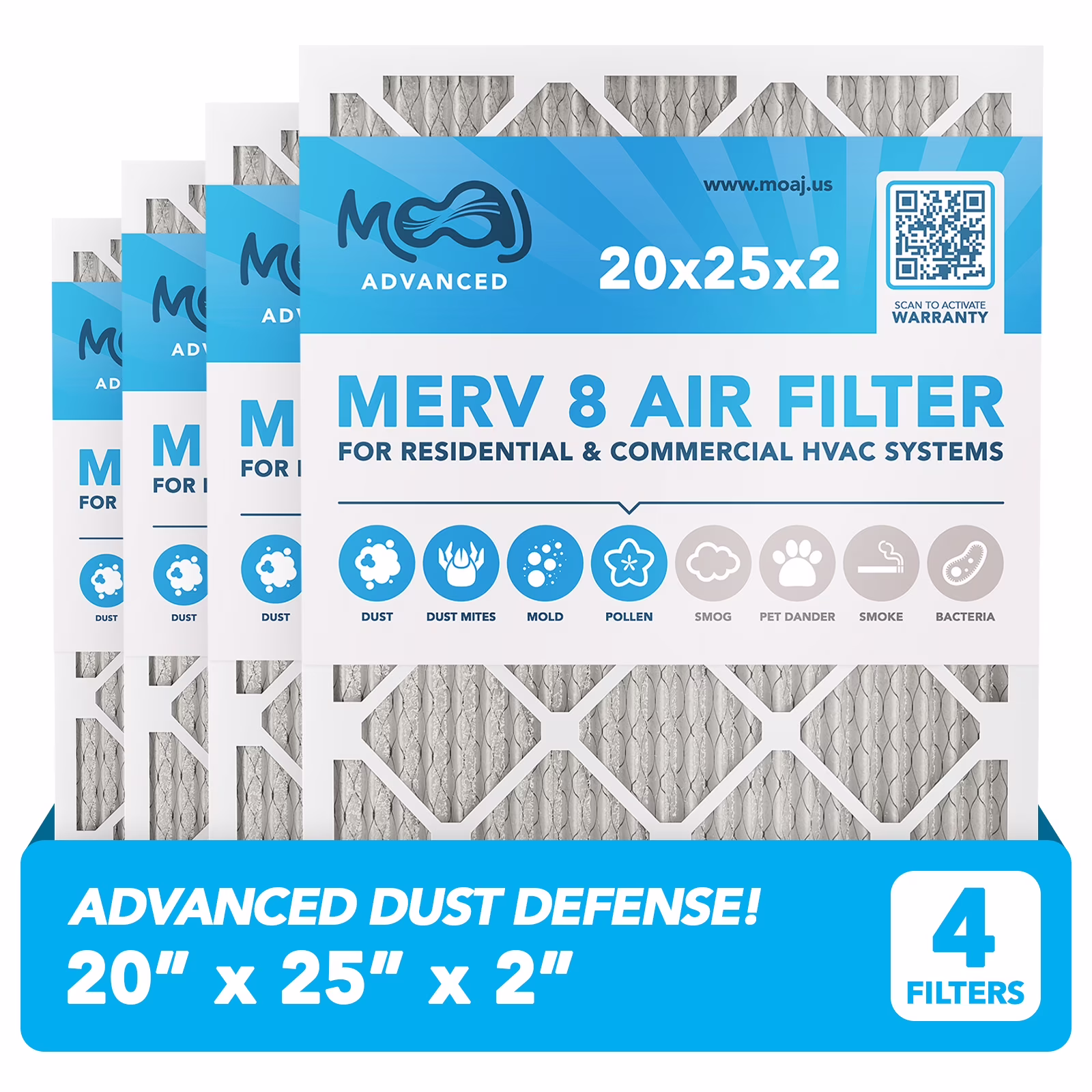 20x25x2 Air Filter (4-PACK) | MERV 8 | MOAJ Advanced Dust Defense | BASED IN USA | Quality Pleated Replacement Air Filters for AC & Furnace Applications | Actual Dimensions: 19.70