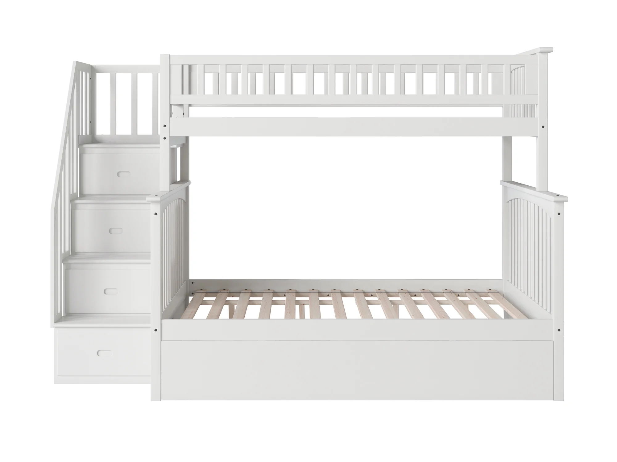 Columbia Staircase Bunk Bed Twin over Full with Twin Size Urban Trundle Bed in White