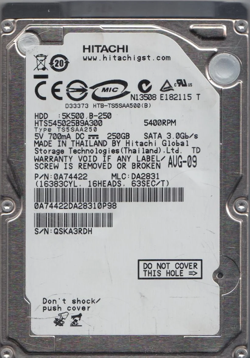 HTS545025B9A300, PN 0A74422, MLC DA2831, Hitachi 250GB SATA 2.5 Hard Drive