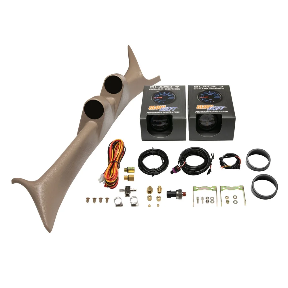 GlowShift | Factory Color Matched Tan Full Size Dual Pillar Pod for 1999-2007 Ford Super Duty Powerstroke with Black 7 Color Series 60 PSI Boost Gauge and 100 PSI Fuel Pressure Gauge