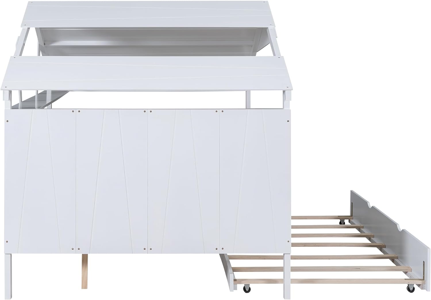 Playhouse Design Twin Size Tent Bed with Trundle Bed for Kids Girls & Boys, Wood Kids House Bed Frames with Roofs and Storage, No Box Spring Required