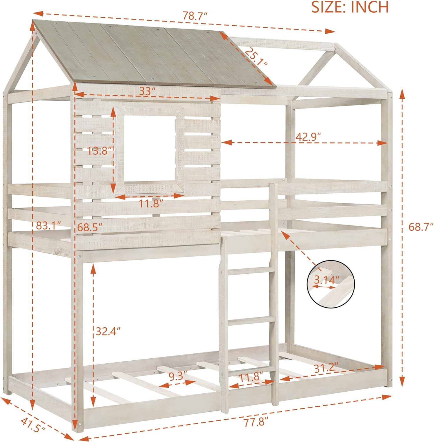 House Bunk Beds For Kids, Floor Bunk Beds Over , Wood Bunk Bed With Roof And Guardrail, Kids Bunk Beds For Girls, Boys,Teens, No Box Spring Needed, Antique White