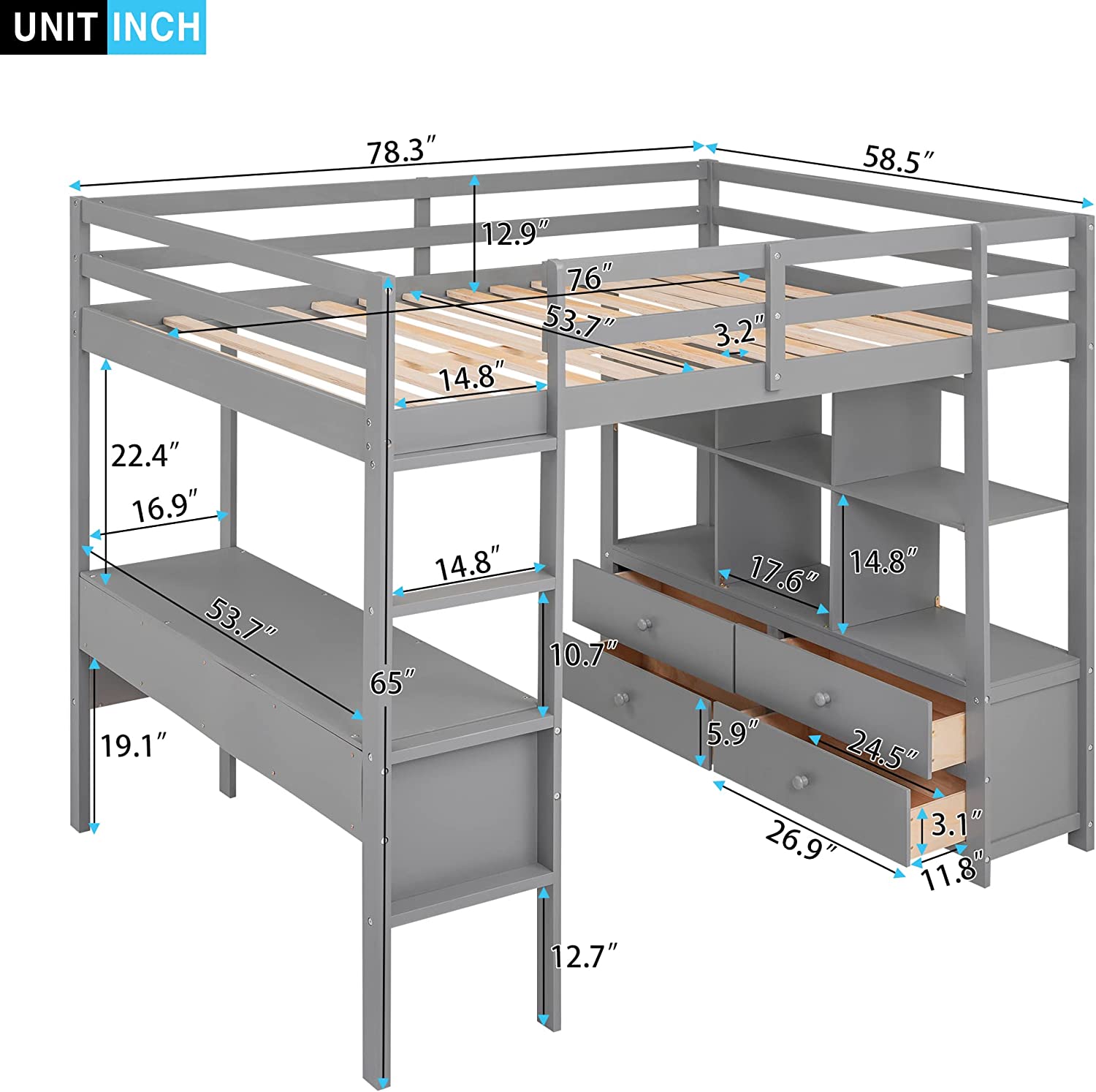 Full Size Loft Bed With Desk & Drawers, Wood Loft Bed With Shelves Ad Dresser, Multi-Fuctioal Loft Bed With Ladder For Kids Boys Tees, Grey