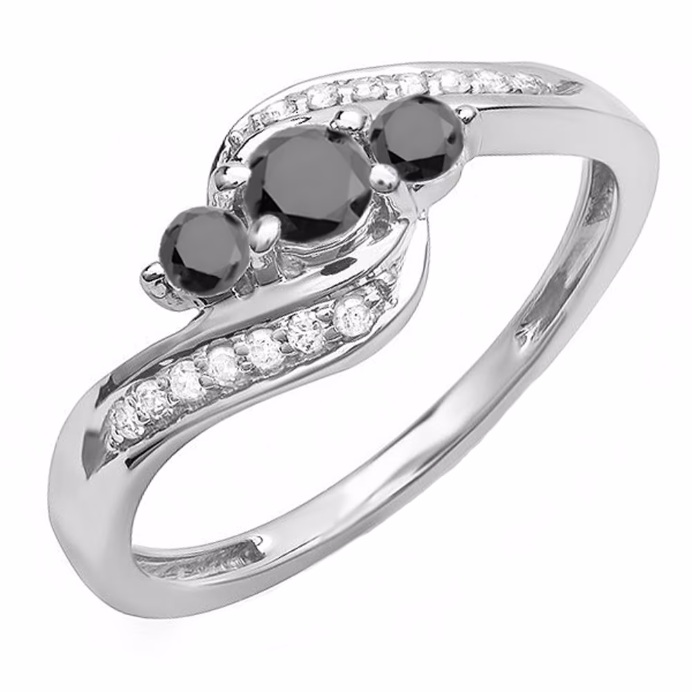 Dazzlingrock Collection 0.50 Carat (ctw) 18K Black And White Diamond 3 Stone Bridal Engagement Ring 1/2 CT, White Gold, Size 6.5