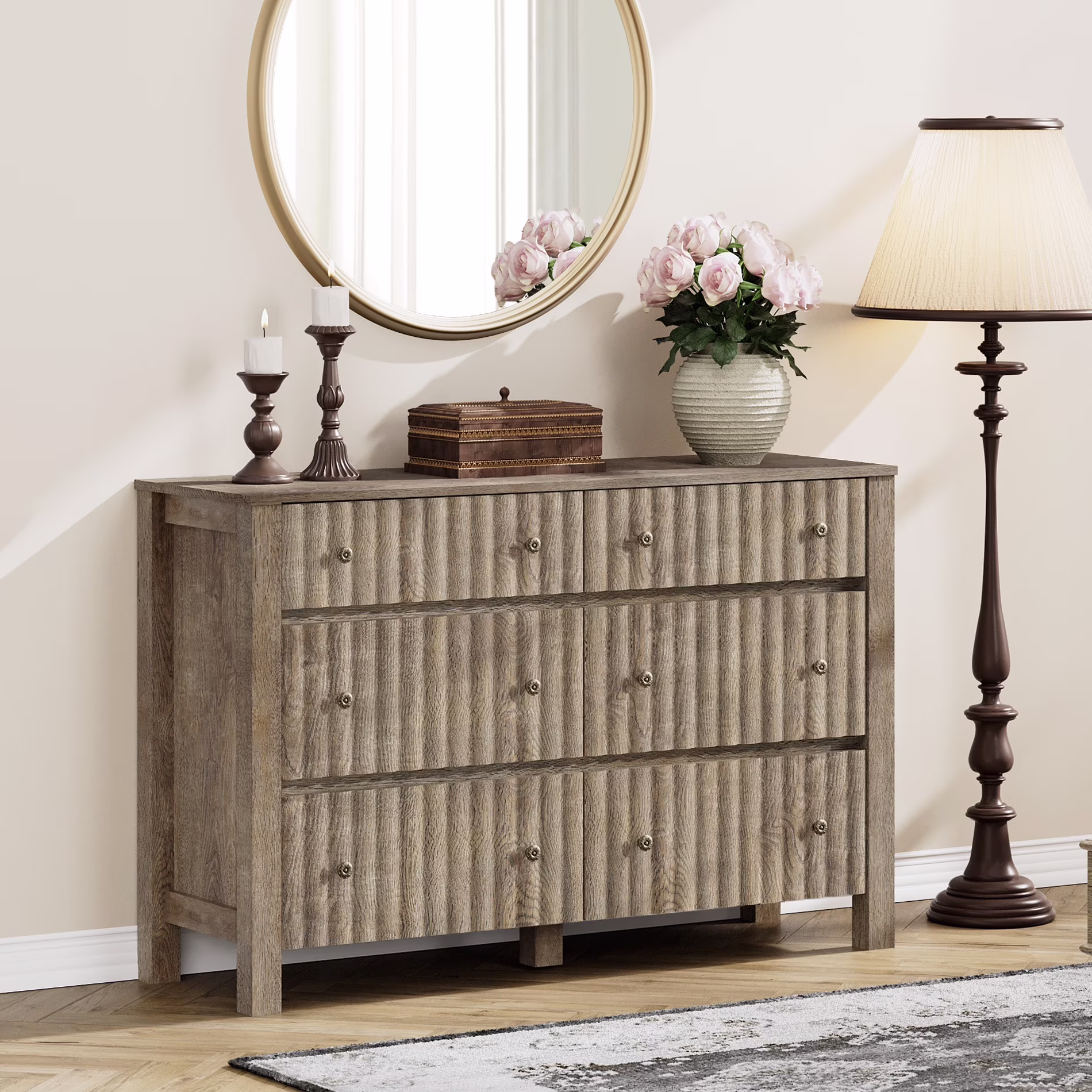 WAMPAT 6 Drawers Dresser for Bedroom，Modern Chests & Dressers Storage Cabinet, Nursery Dresser for Bedroom, Wooden Double Dresser for Living Room，Hallway,Vintage Grey