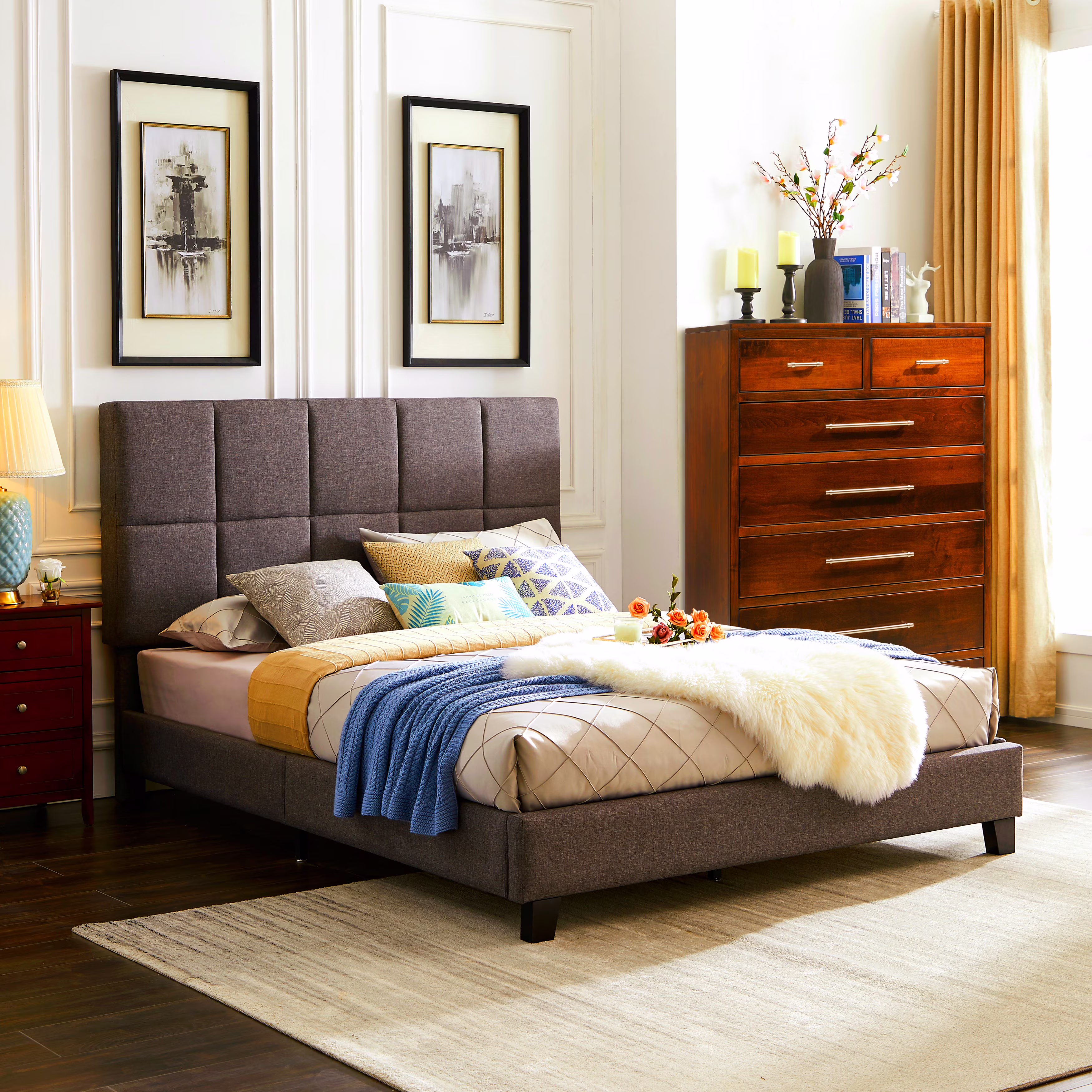 Brown Upholstered Sleigh Queen Bed