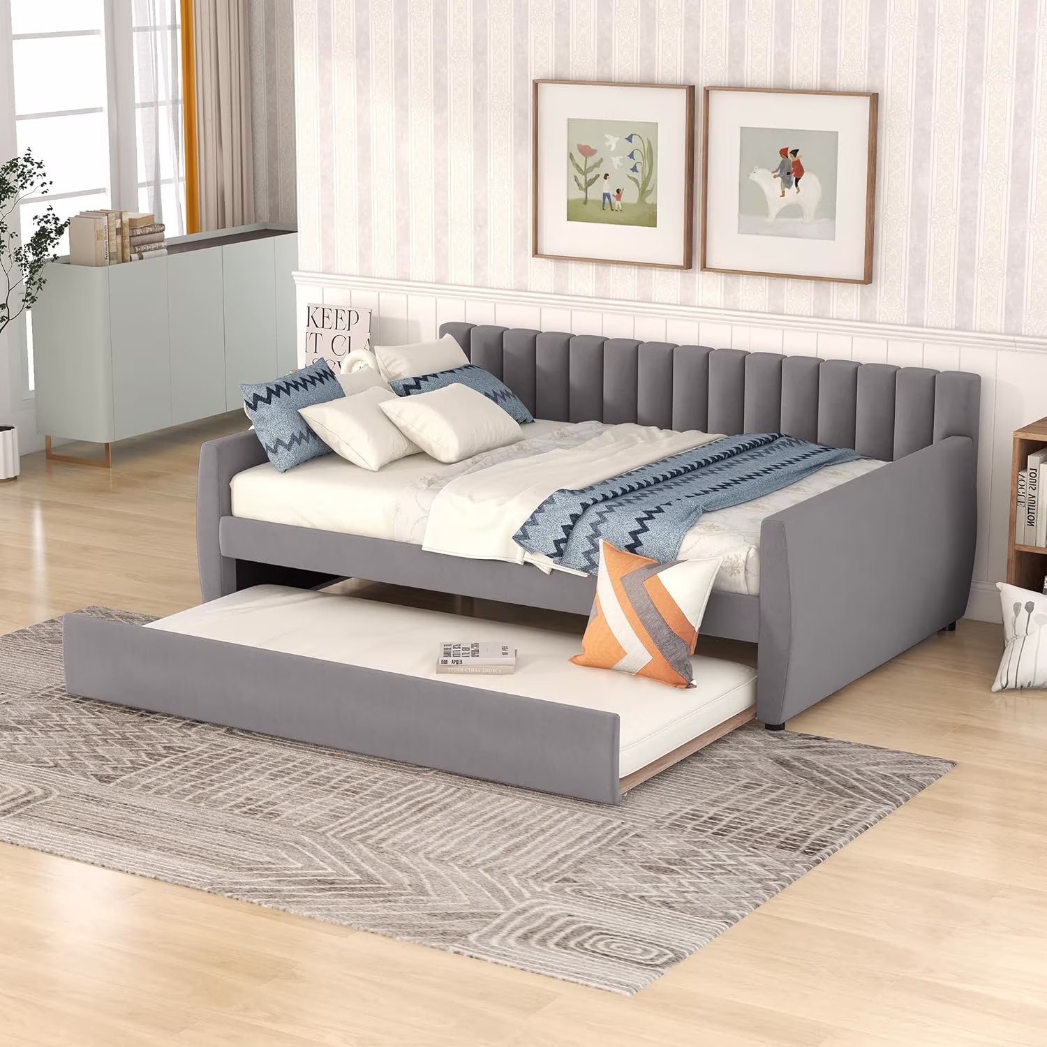 Full Daybed With Trundle, Upholstered Full Size Daybed Sofa Daybed Frame With Trundle,Full Captain’S Bed For Bedroom, Living Room, Guest Room,No Box Spring Needed, Grey