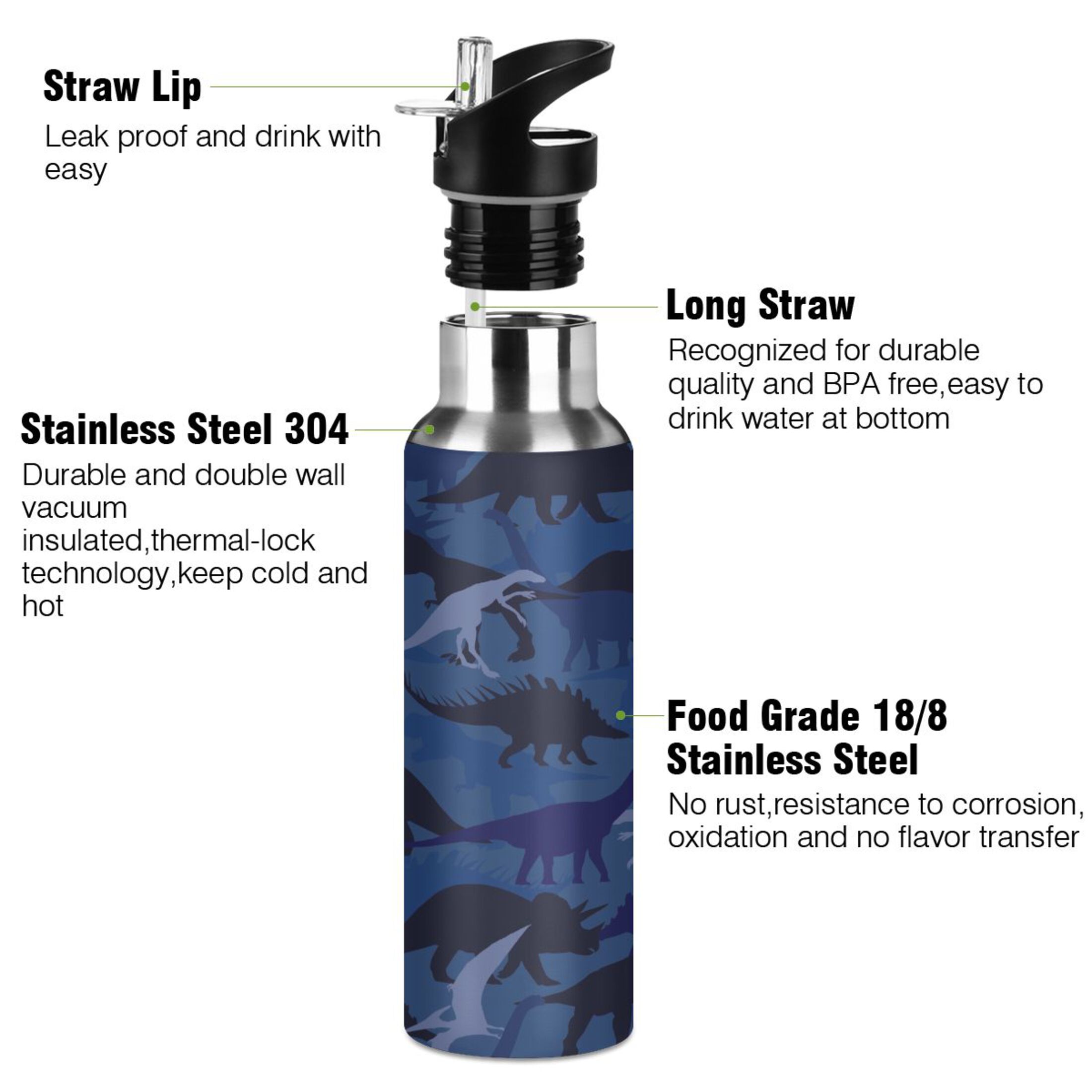 Water Bottle with Straw Lid Leak Dinosaur Blue Camouflage Stainless Steel Insulated Thermos Vacuum Flask for Cold Hot Drinking for Sports Camping Gym Yoga