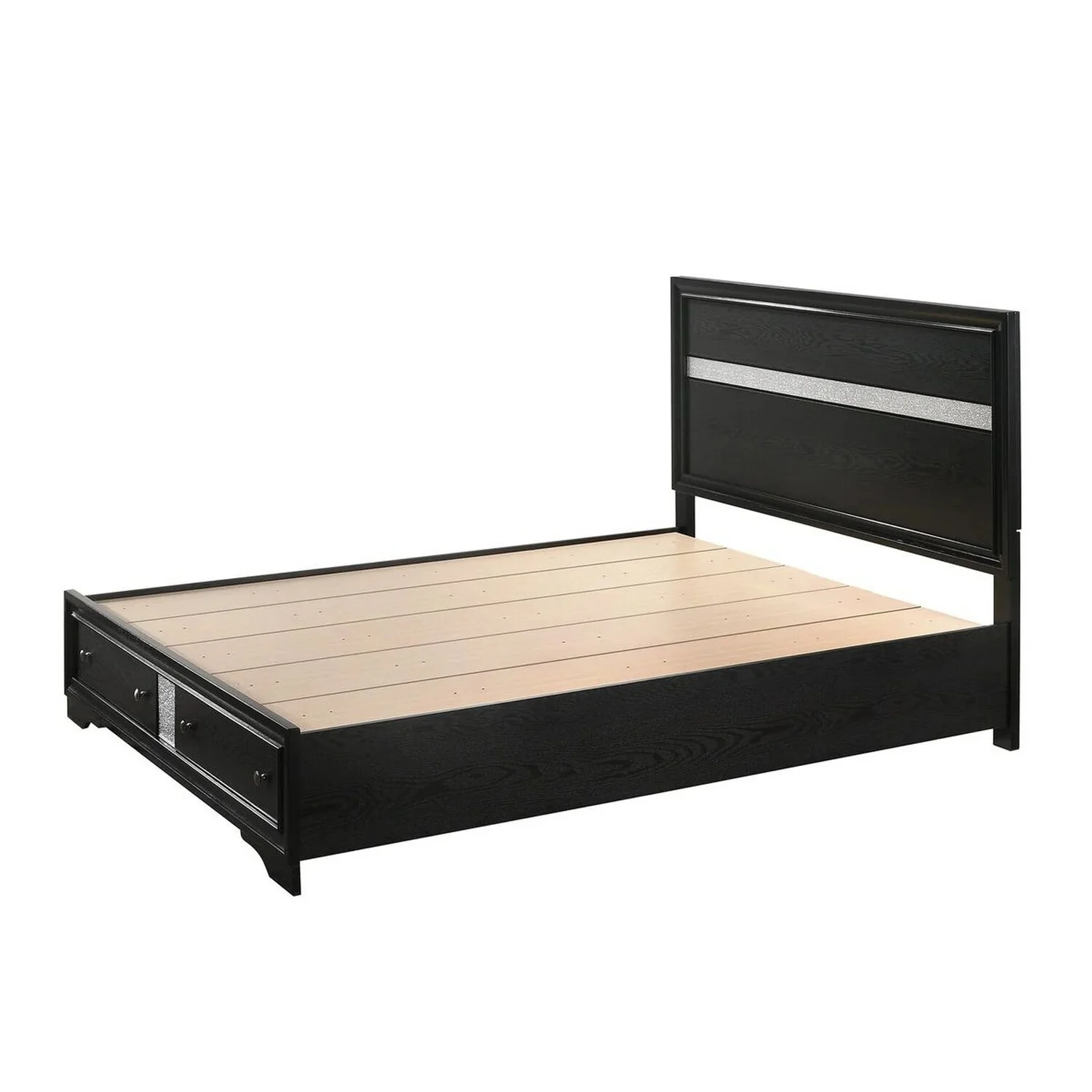 Benjara Regi Queen Bed, 2 Storage Drawers, Silver Striped Headboard, Black Wood