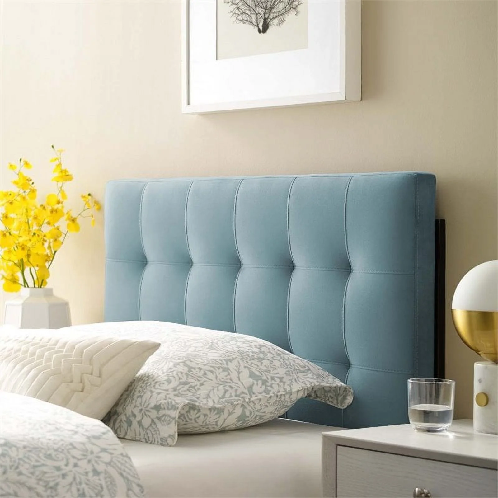 Pemberly Row Modern Fabric Biscuit Tufted Velvet Twin Headboard in Light Blue