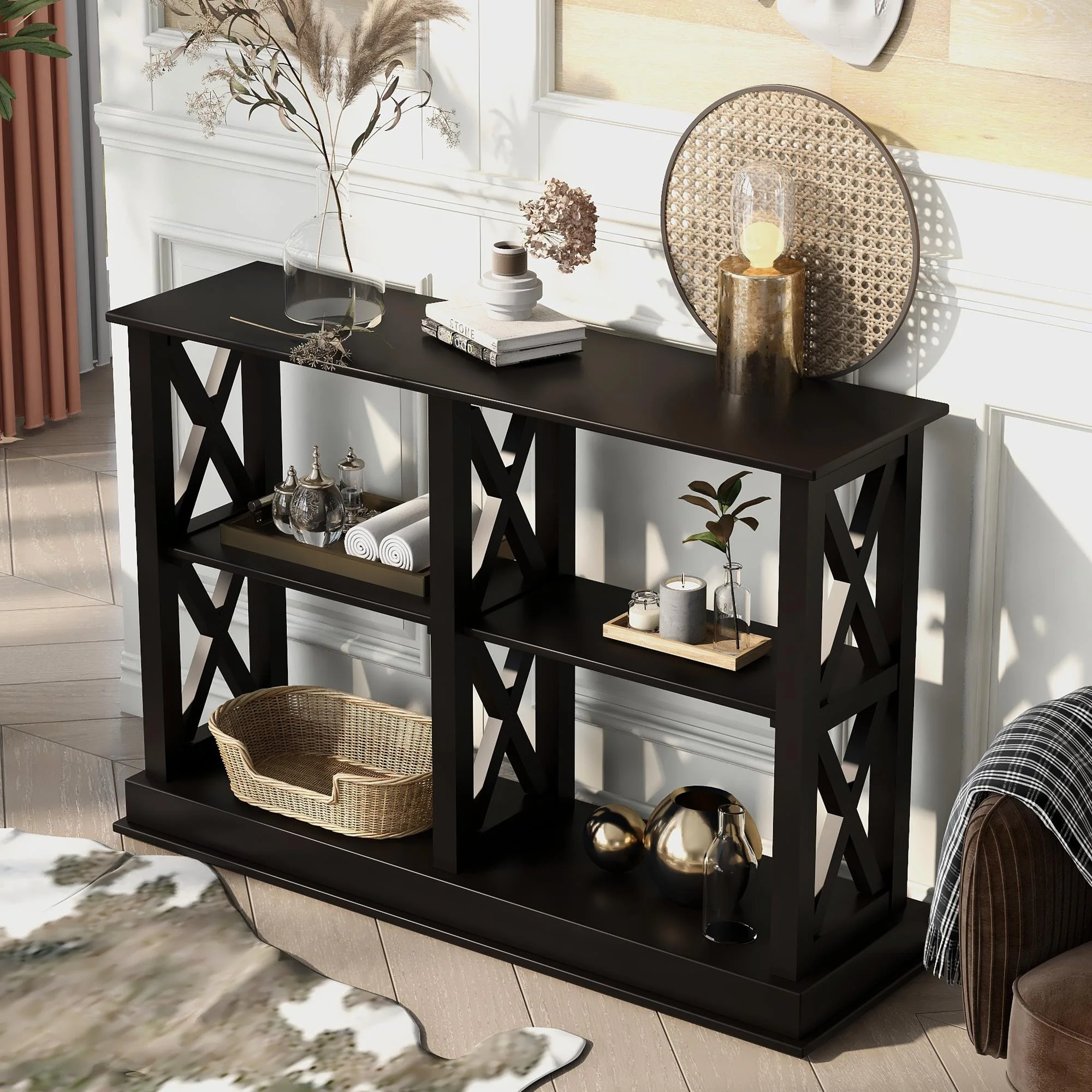 CHURANTY Console Table Sofa Table with 3-Tier Open Storage Spaces and X Legs, Wood Narrow Entry Table for Living Room, Entryway and Hallway, Black