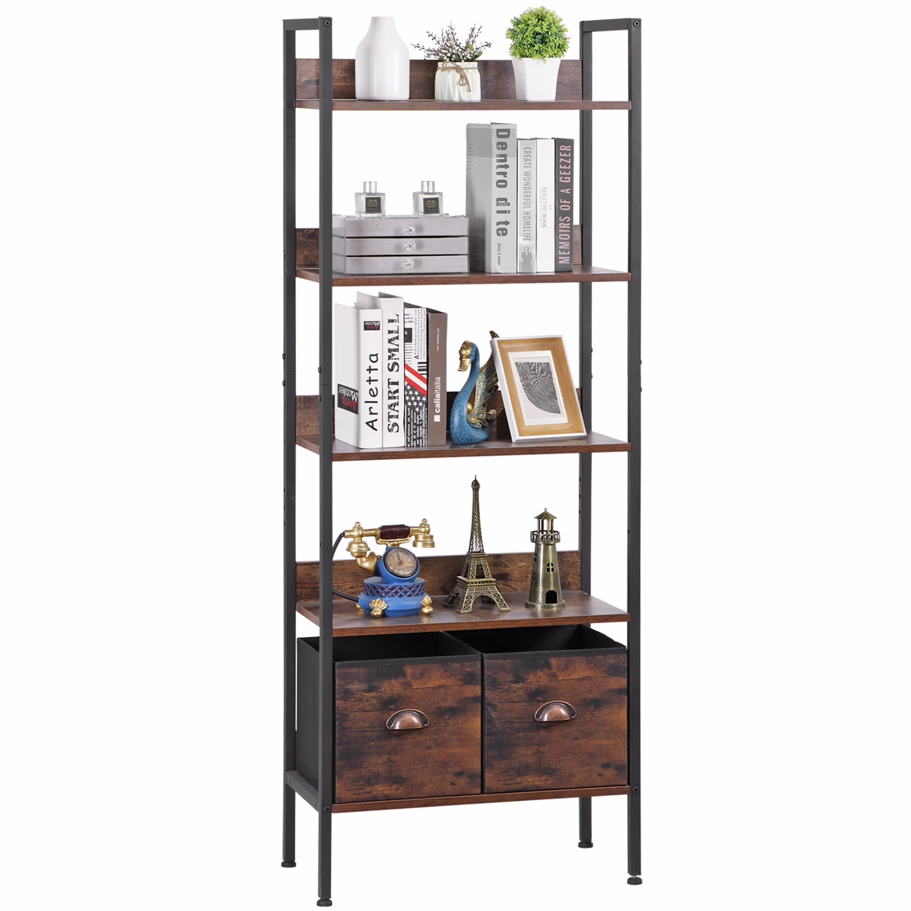 HomGarden 5 Tier Bookshelf Adjustable Bookcase W/ 2 Fabric Drawers for Home Office Living Room Rustic Brown