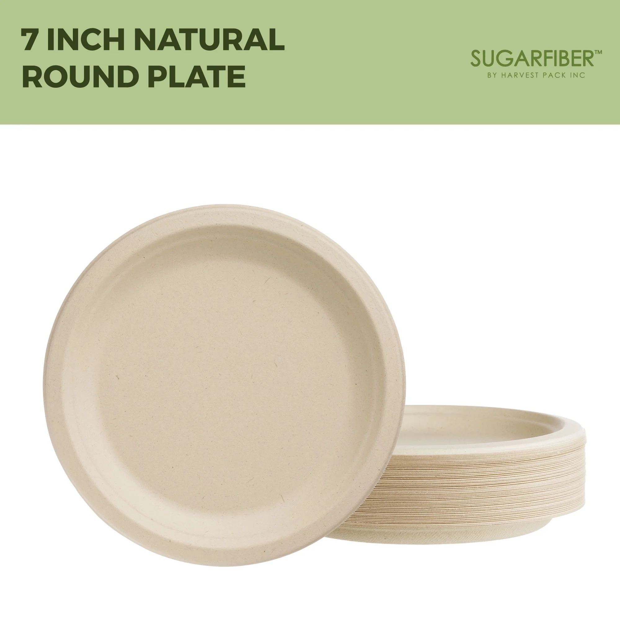 Sugarfiber Disposable 7 inch Compostable Natural Round Paper Plates Sturdy Bagasse 125 Count