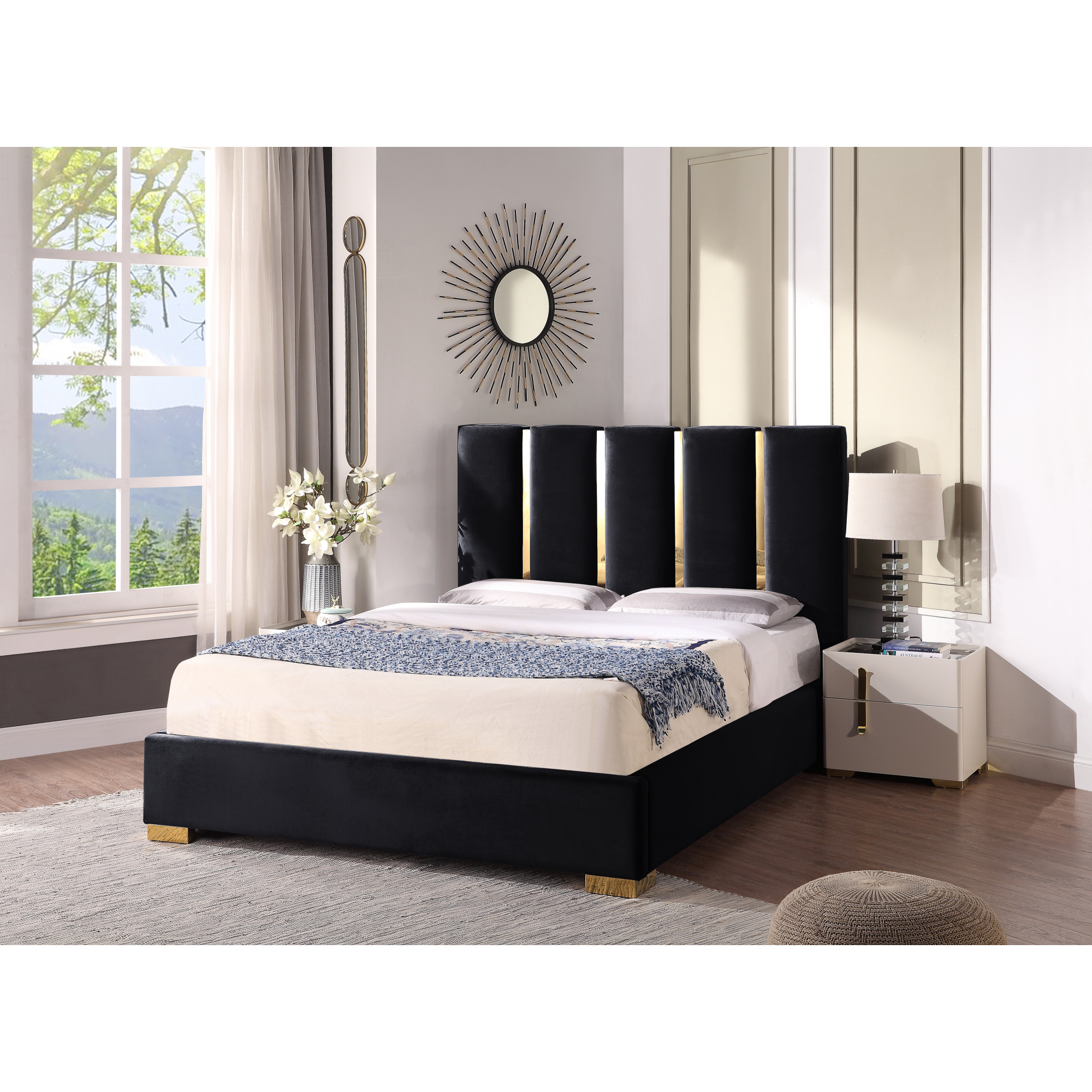 Contemporary Velvet Upholstered Bed, Solid Wood Frame, High-density Foam, Gold Metal Leg, Queen Size