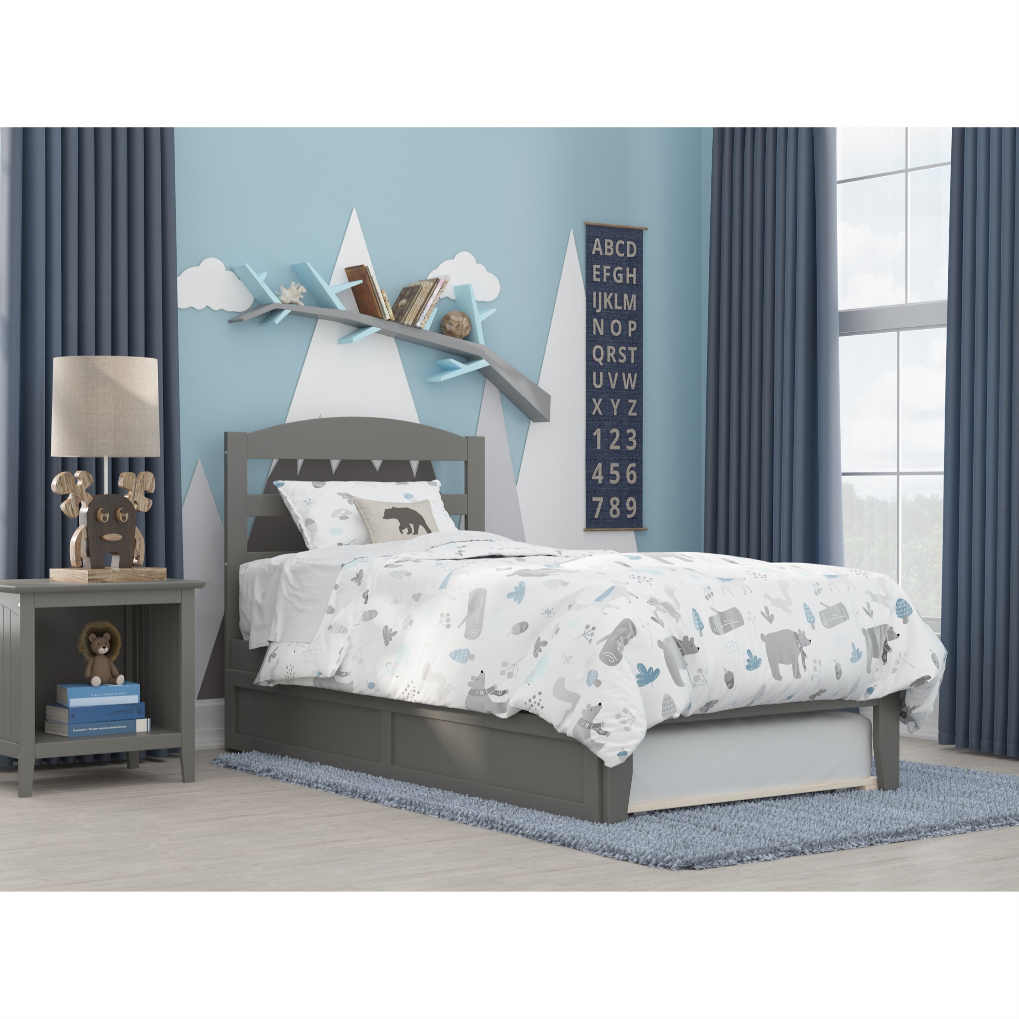 AFI Warren Solid Wood Twin Bed with Twin Trundle and USB Charger in Gray