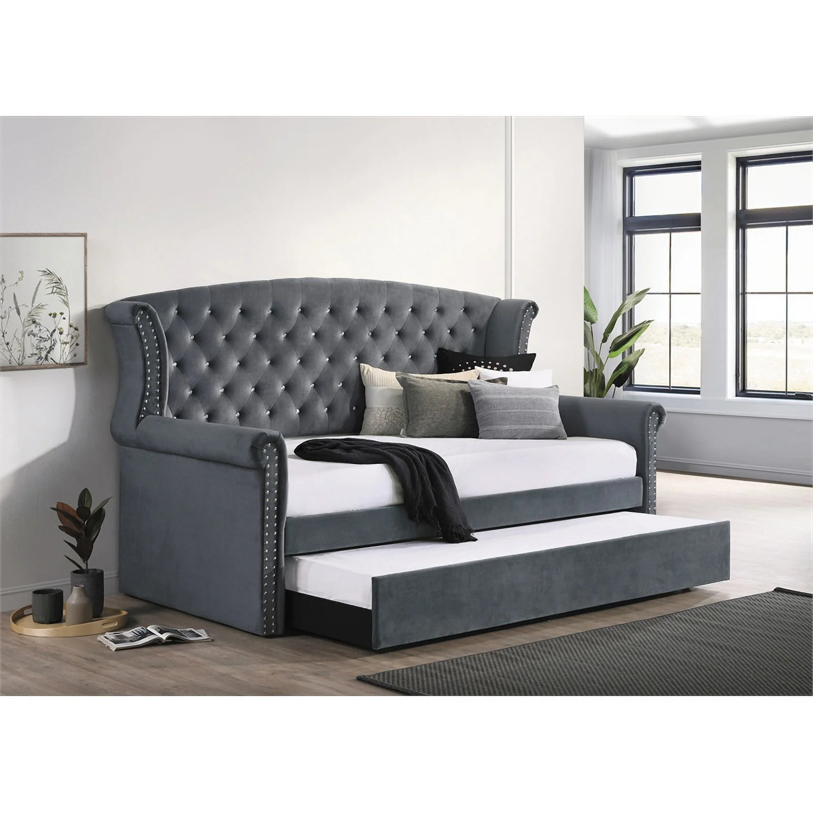 Maklaine Velvet Upholstered Tufted Twin Daybed with Trundle in Gray