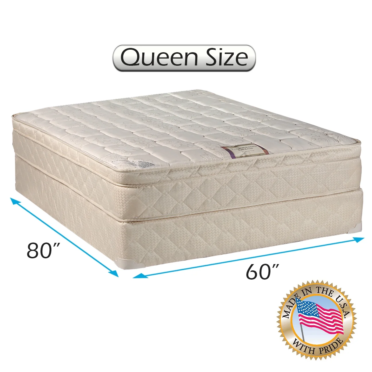 Dream World Inner Spring Pillowtop (Eurotop) Queen Size Mattress Set Bed Frame Included - Medium Soft, High Quality Foam, Orthopedic Type, Spine Support, Longlasting by Dream Solutions USA