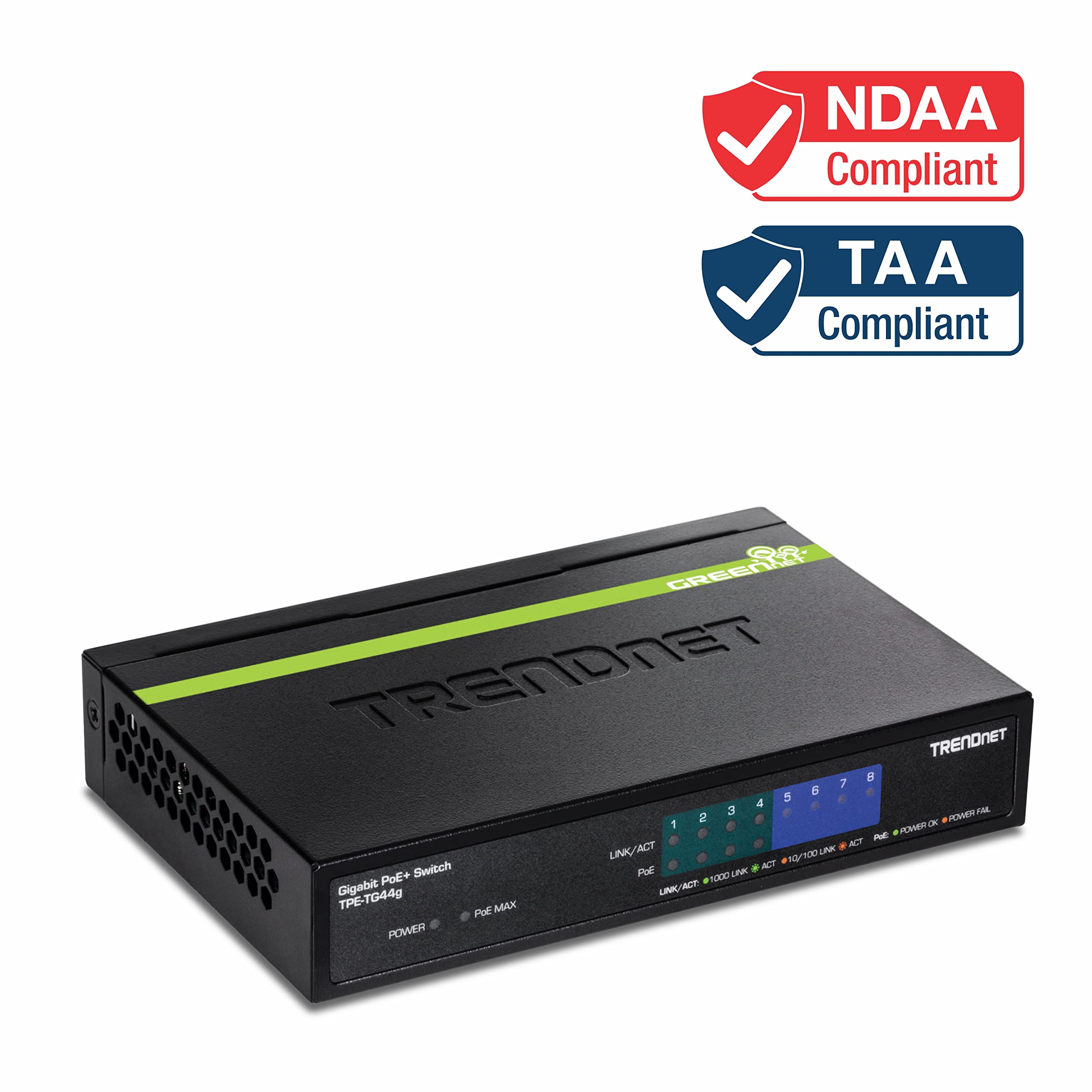 TRENDnet 8-Port Gigabit GREENnet PoE+ Switch,TPE-TG44G, 4 x Gigabit PoE/PoE+ Up to 30 Watts/Port, 4 x Gigabit, 61W Power Budget, 16 Gbps Switch Capacity, Ethernet Unmanaged Switch, Lifetime Protection