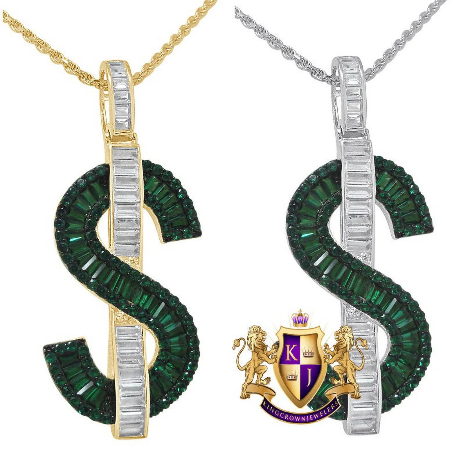 Baguette 14k Gold On Real Sterling Silver Green Dollar Sign Cash Money Charm Simulated Diamonds Pendent Chain Set