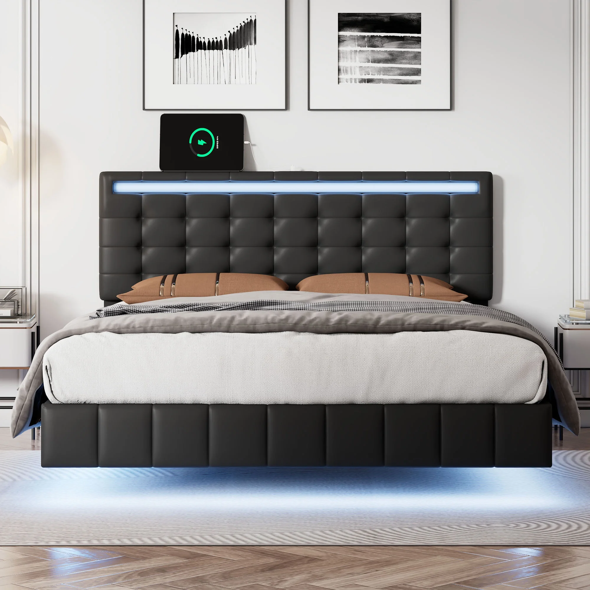 CoSoTower Full Size Floating Bed Frame with LED Lights and Usb Charging,Modern Upholstered Platform LED Bed Frame,Black(Full)