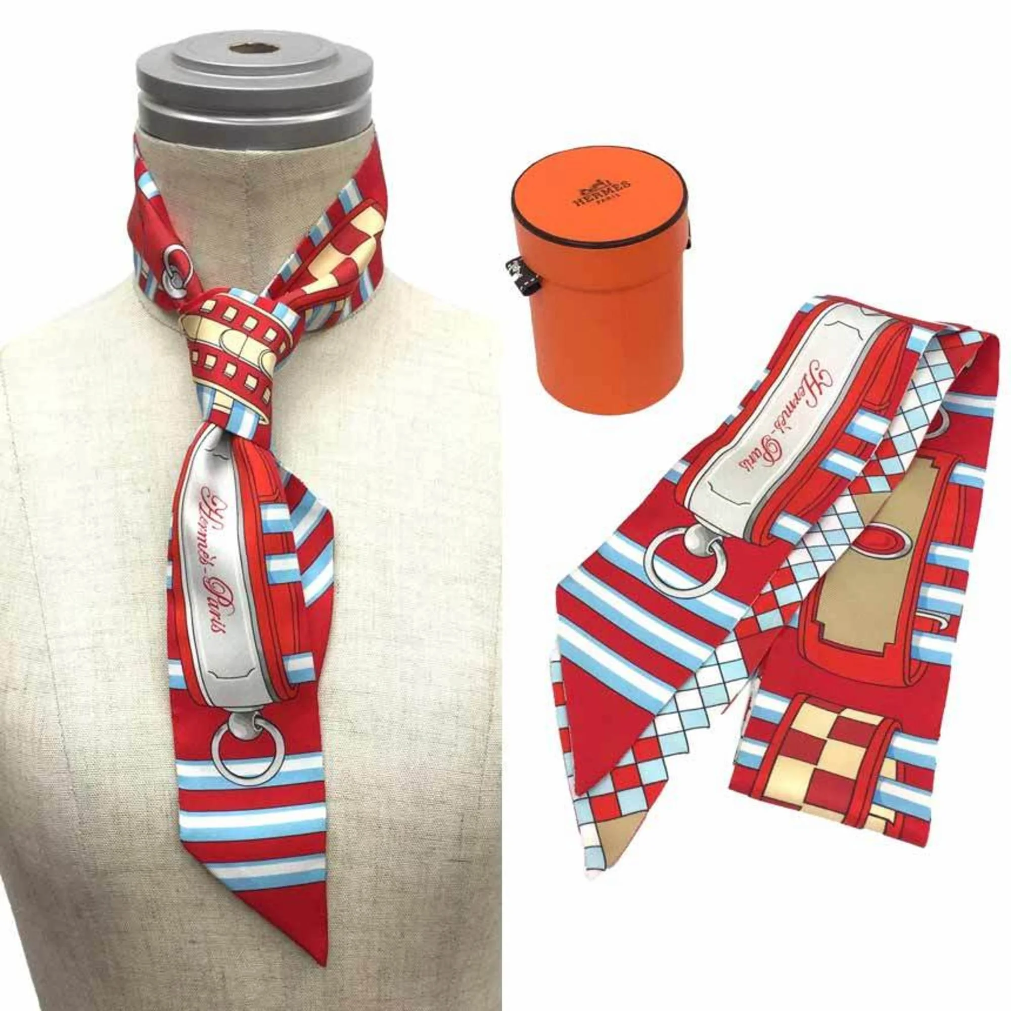 Pre-Owned HERMES Twilly Scarf Muffler Colliers de Chiens Remix 2020 Red x Beige Blue (Rouge/Ciel/Gris Pearl) 100% Silk aq8947 (Like New)