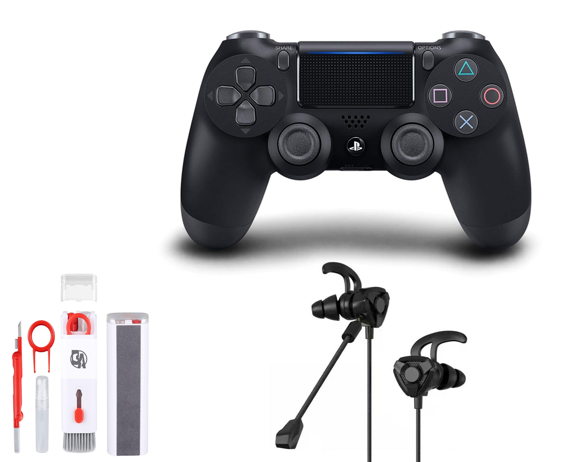 Sony Dual Shock Black Gaming Controller PS4 Console With Black Gaming Buds + Cleaning Kit BOLT AXTION Bundle Like New