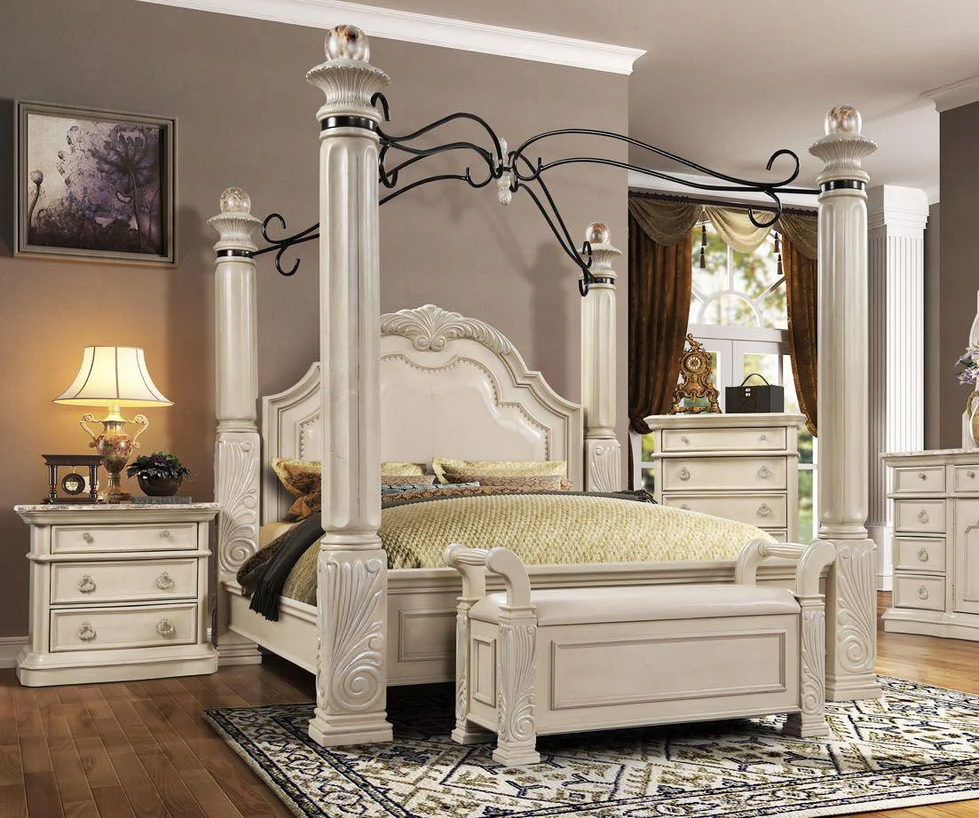 Antique White Solid Hardwood King Canopy Bed McFerran B6006 Classic Traditional