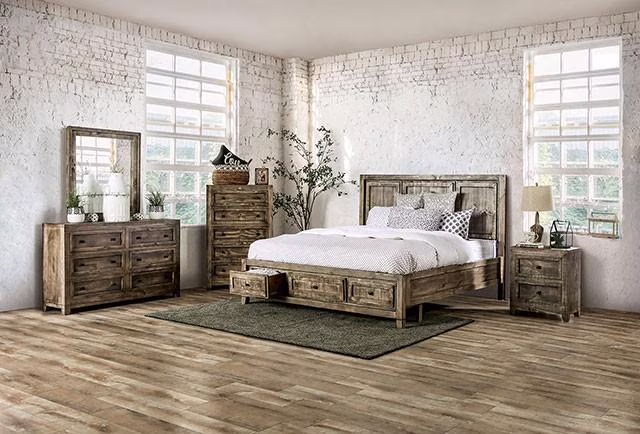 Rustic Ash Brown Solid Wood King Bedroom Set 3pcs FOA EM7074BR Oakridge