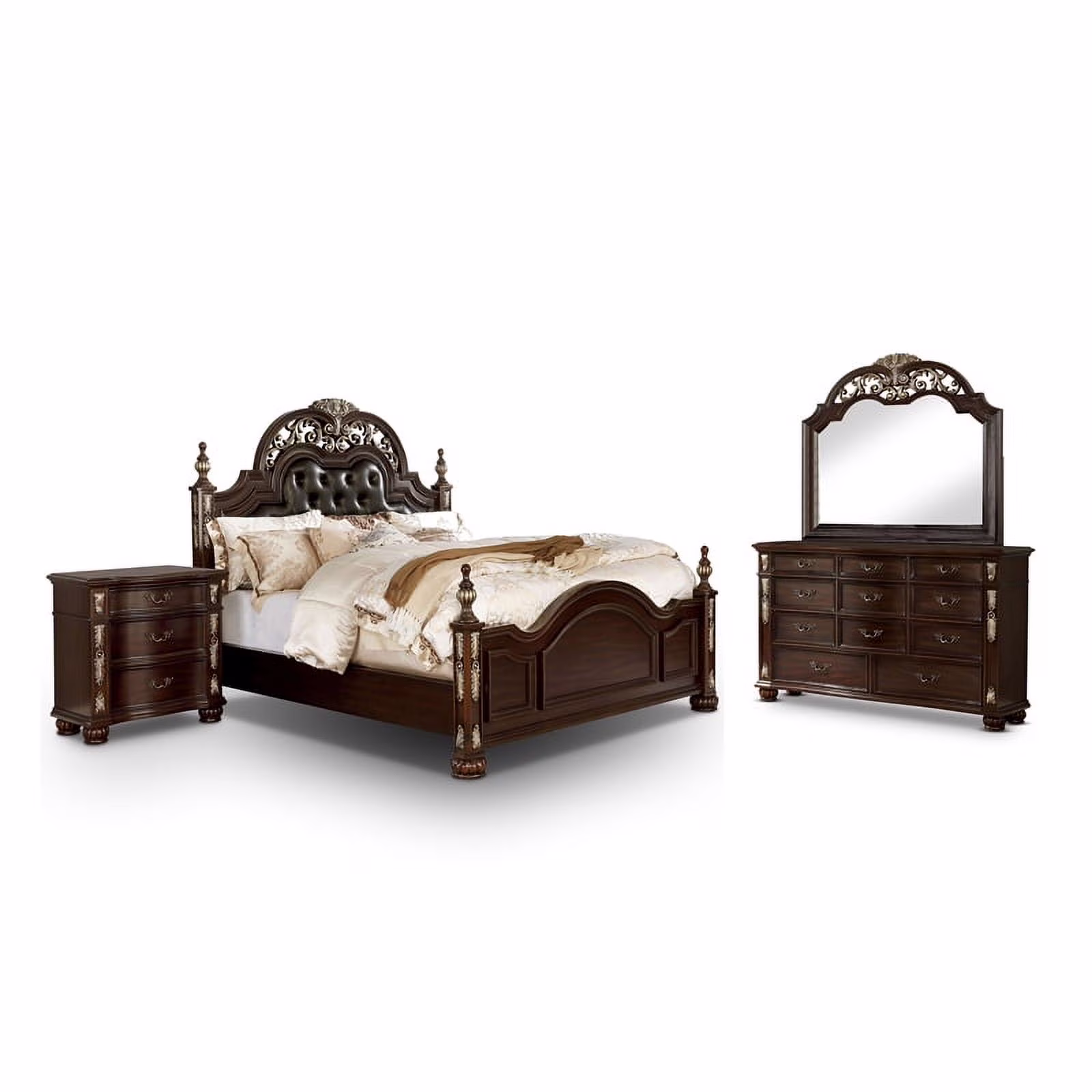 FOA Saavy 4pc Cherry Wood Bed Set - Cal King + Nightstand + Dresser + Mirror