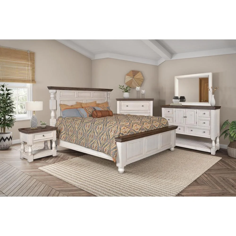 Rustic French 5Pc Queen Bedroom Set in Distressed White/Brown Wood / Panel Bed