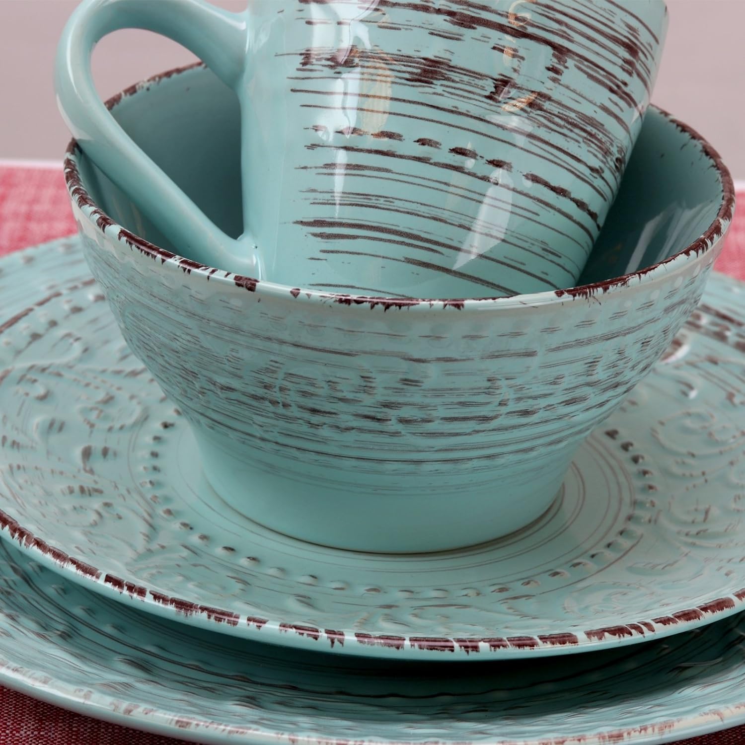 Embossed Stoneware Ocean Dinnerware Dish Set, 16 Piece, Turquoise