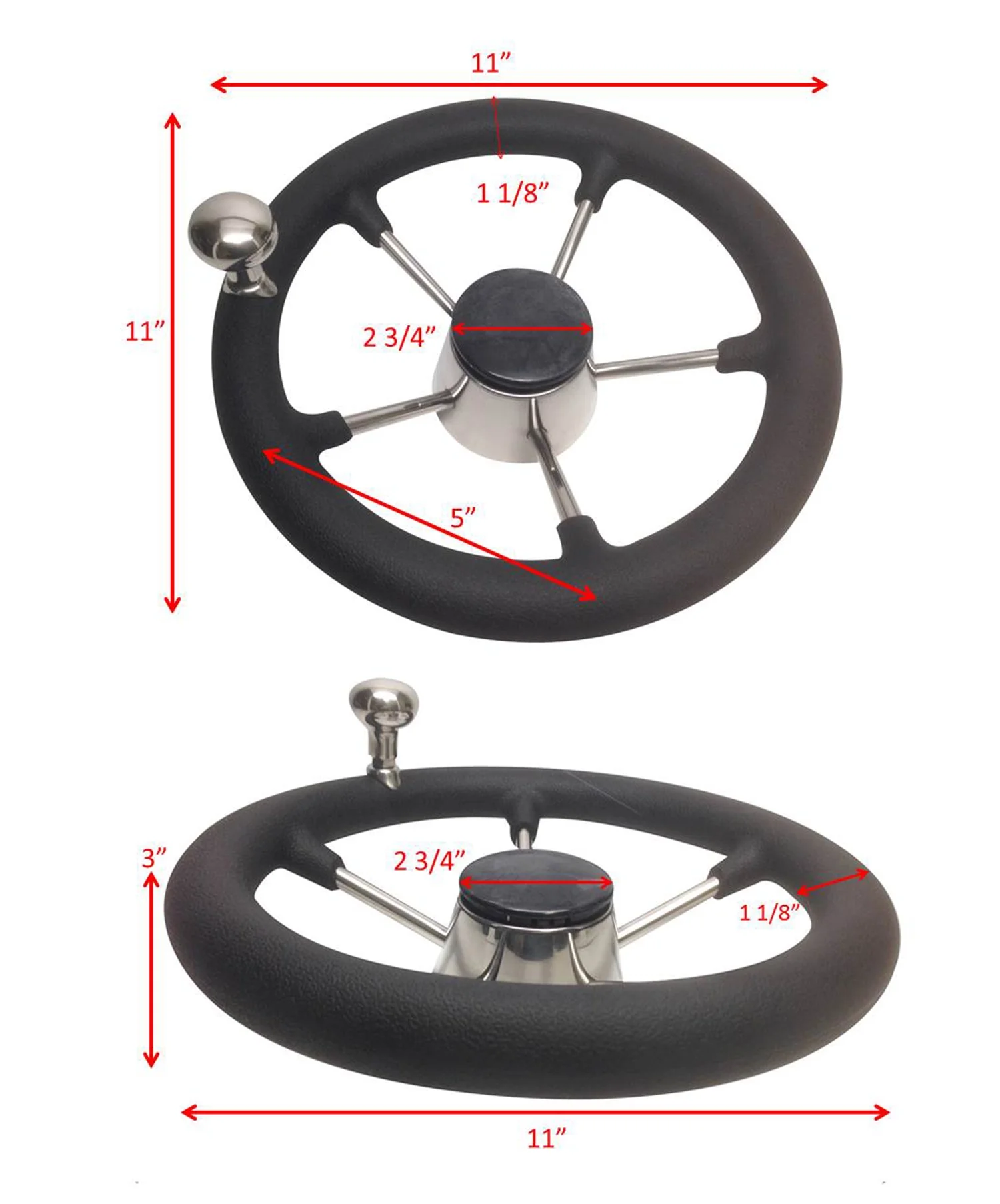 Pactrade Marine 11” Destroyer SS Steering Wheel 5 Spoke Foam Grip Control Knob