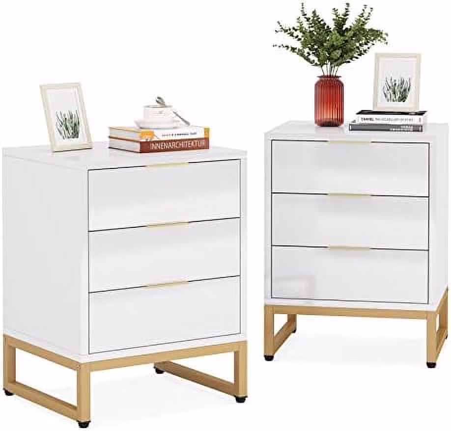 NLIBOOMLife 3 Drawers Nightstand  Modern Bedside Table with Metal Frame  Side End Table for Bedroom Living Room  White and Gold