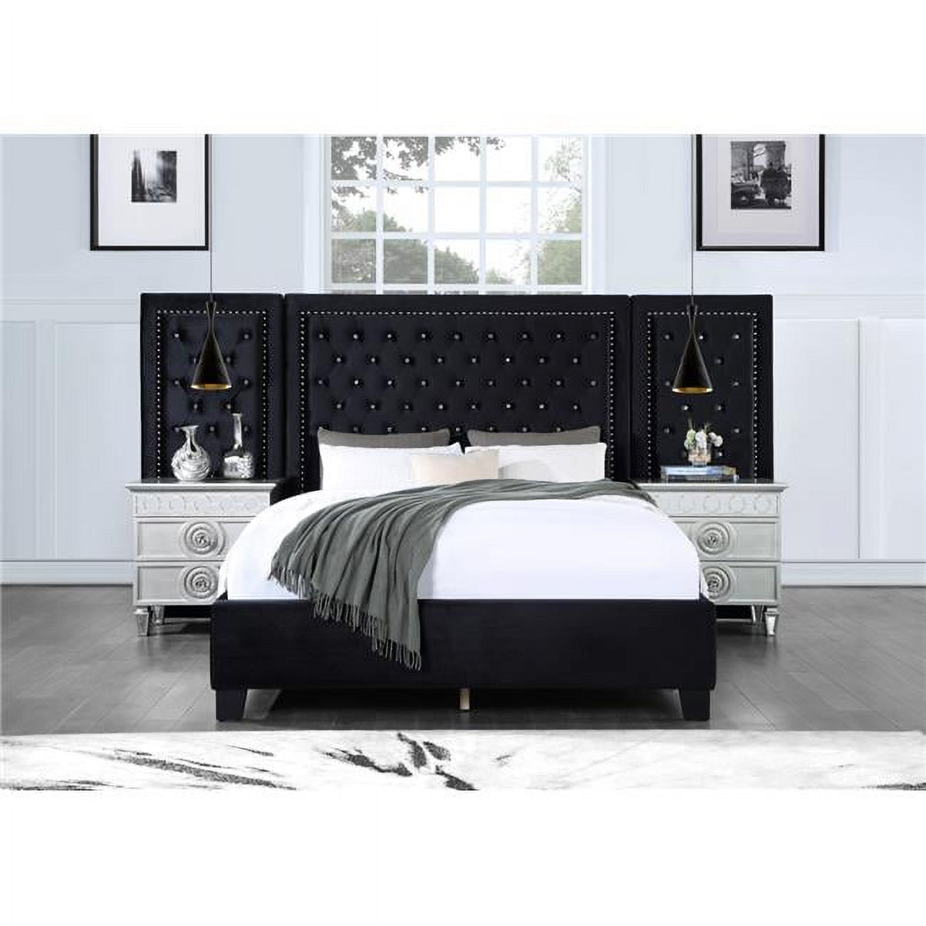 86 x 118 x 61 in. Damazy Bed, Black Velvet - Queen Size