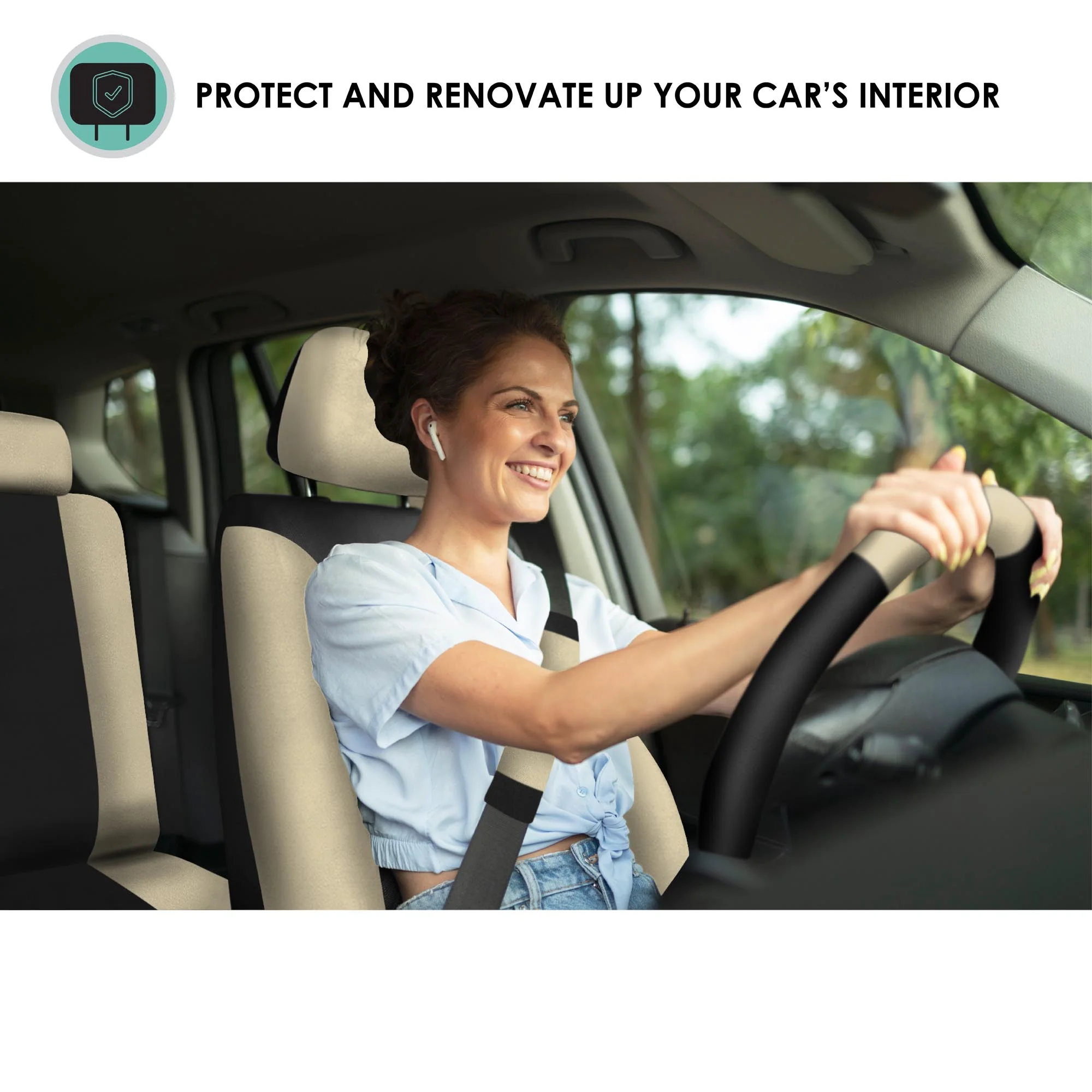 FH Group Light & Breezy Flat Cloth Car Seat Cover, Universal Beige Full Set Seat Covers with Air Freshener