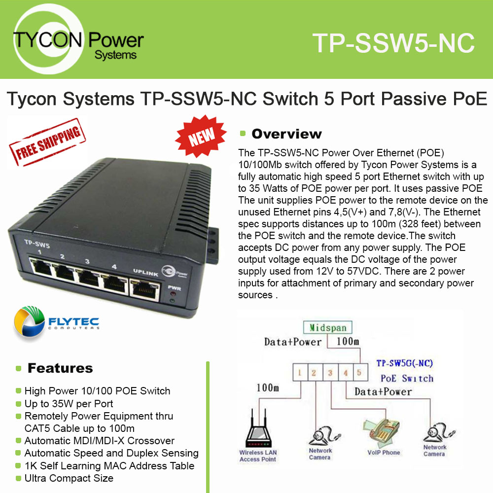 Tycon Systems- Inc 12-56v 5 Port Passive Poe Switch - TP-SSW5-NC