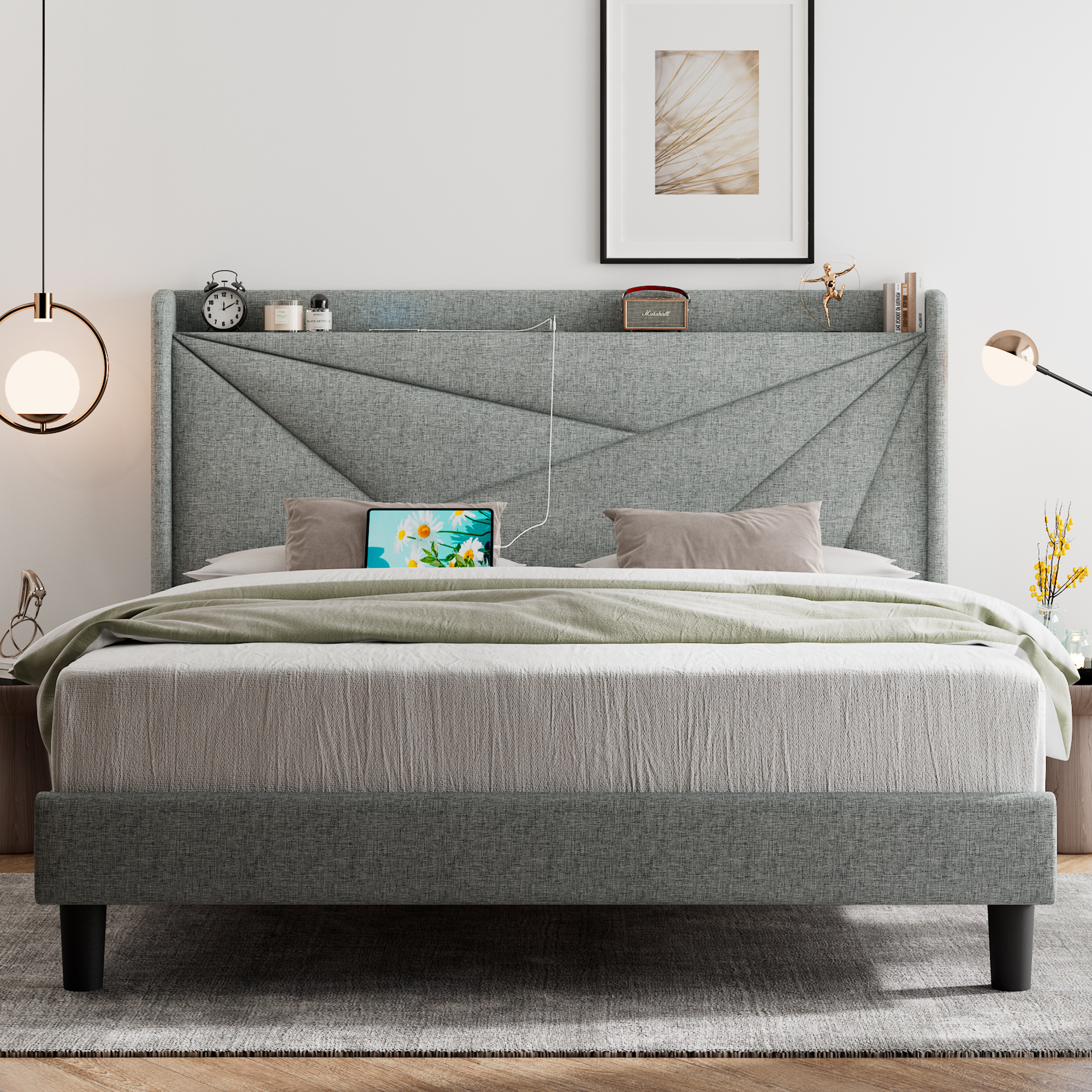 Feonase Queen Size Bed Frame with Type-C & USB Ports, Upholstered Platform Bed Frame with Wingback Storage Headboard, Solid Wood Slats Support, No Box Spring Needed, Noise-Free, Light Gray