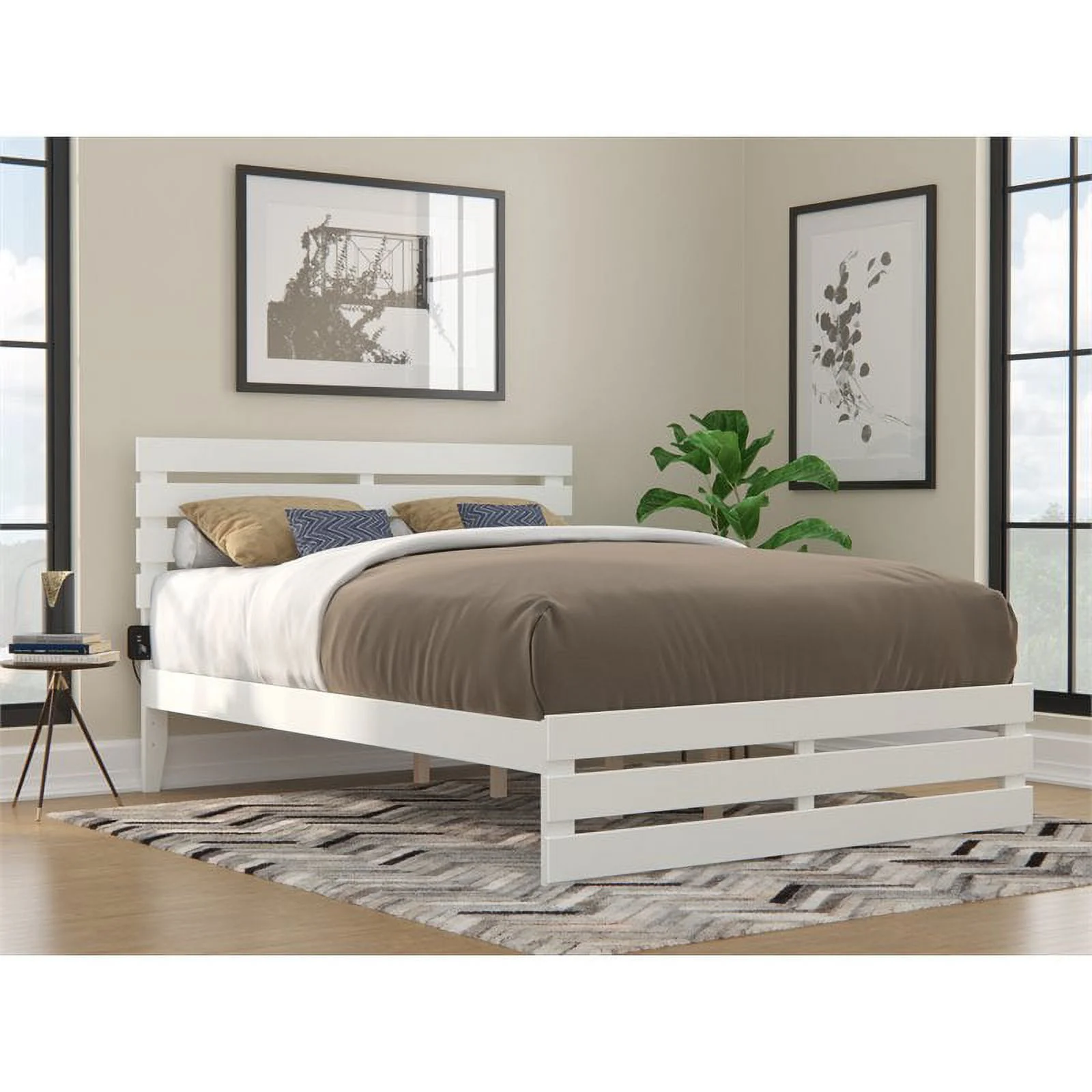 Bowery Hill Farmhouse Solid Wood Queen Bed w/ Footboard & USB Charger in White